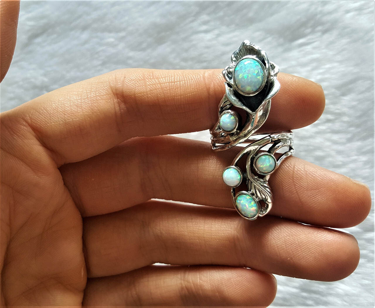 925 Sterling Silver FLower Precious OPAL Flower Unique Bouquet Adjustable Ring