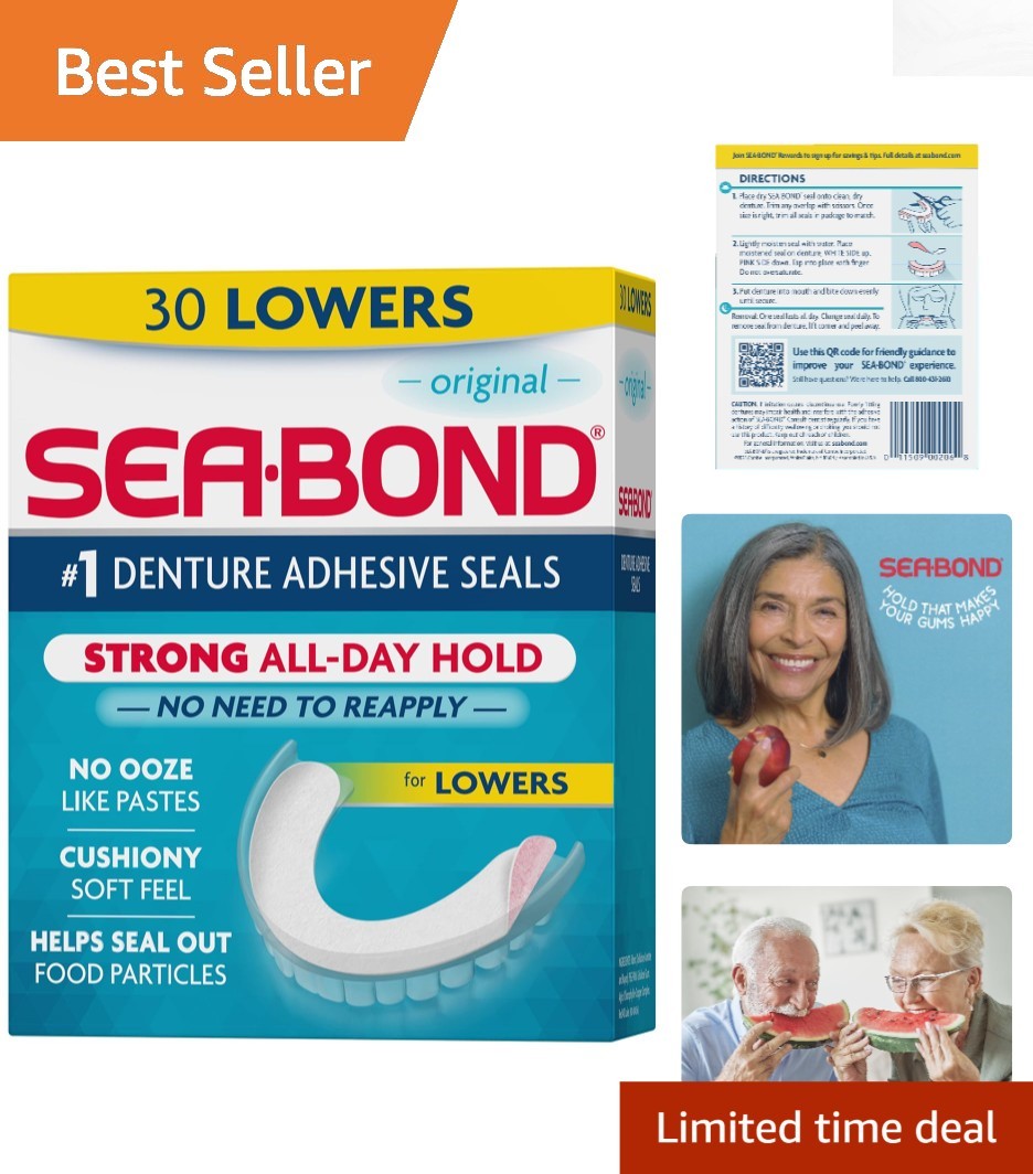 Secure 30 Count Denture Adhesive Seals - All-Day Hold, Zinc-Free & Easy to Use