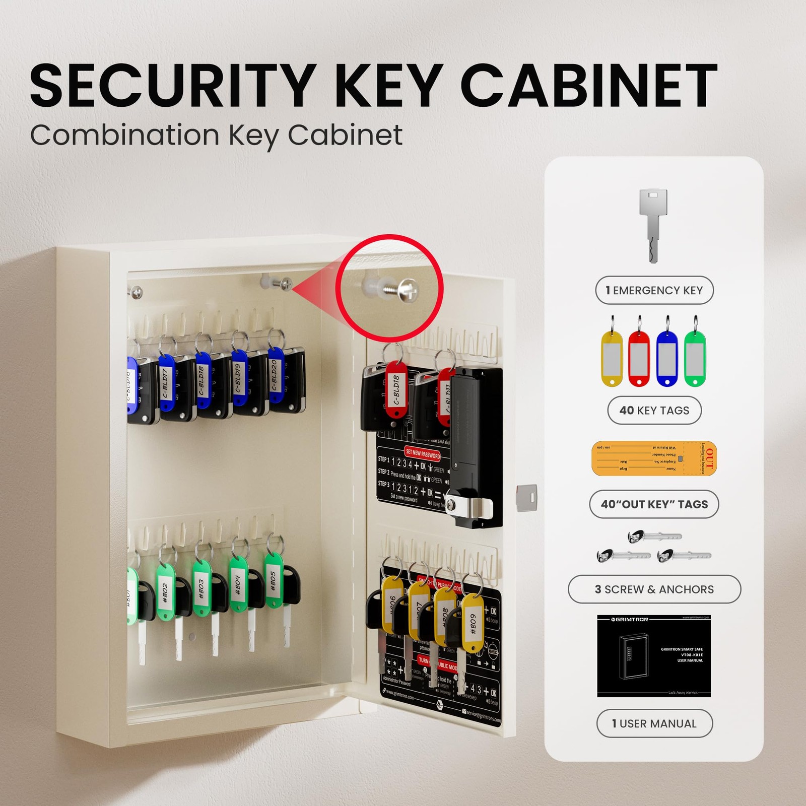 40 Keys Electronic Key Lock Box for Keys with Code, Private/Public/Password H...