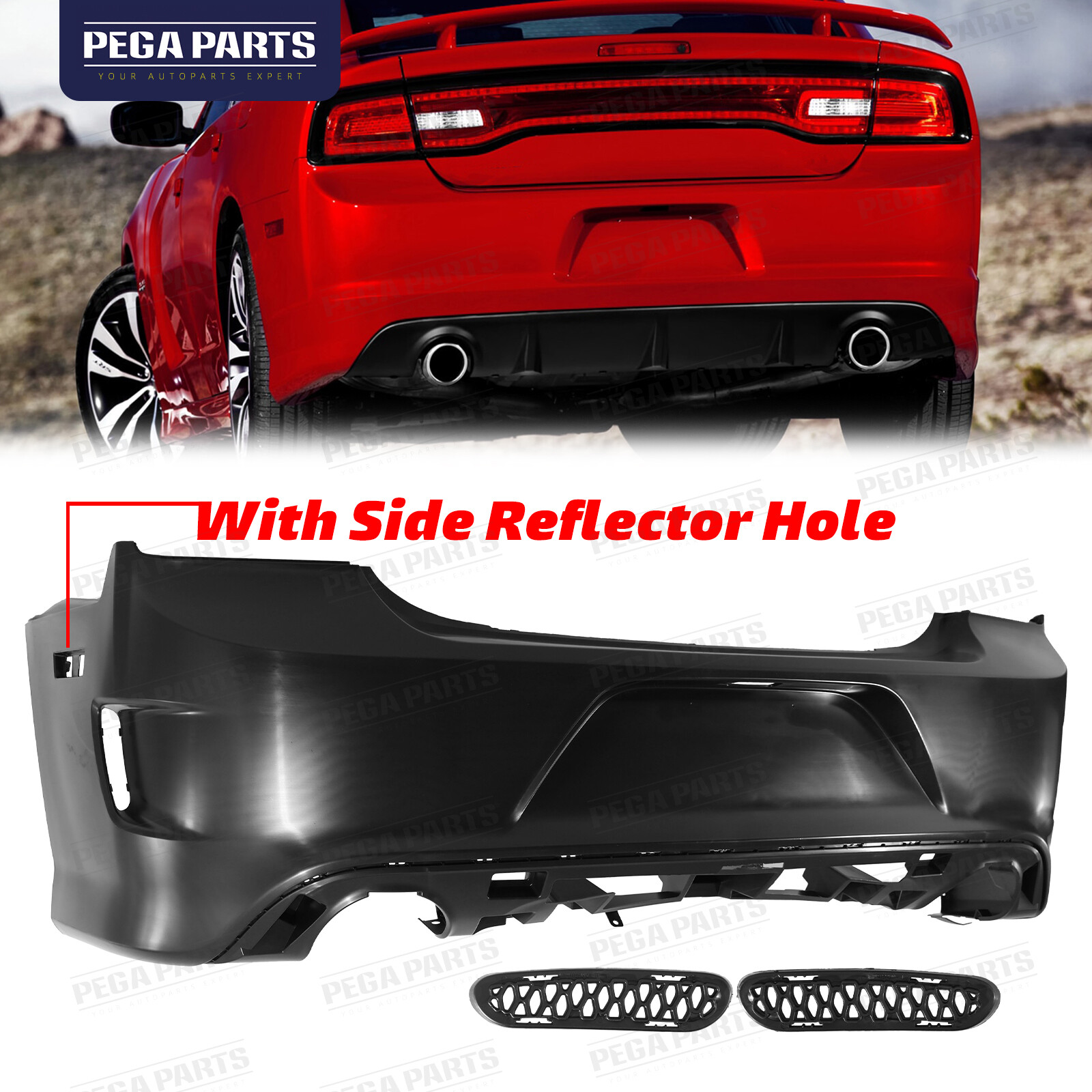 SRT 8 Style Rear Bumper Cover Fascia w/Side Grille For 2011-2014 Dodge Charger