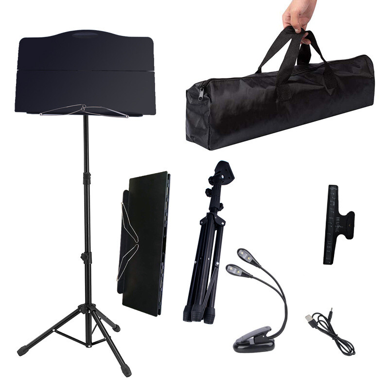 Folding Sheet Music Stand Set With Reading Light Gig Bag Clip Holder Cable
