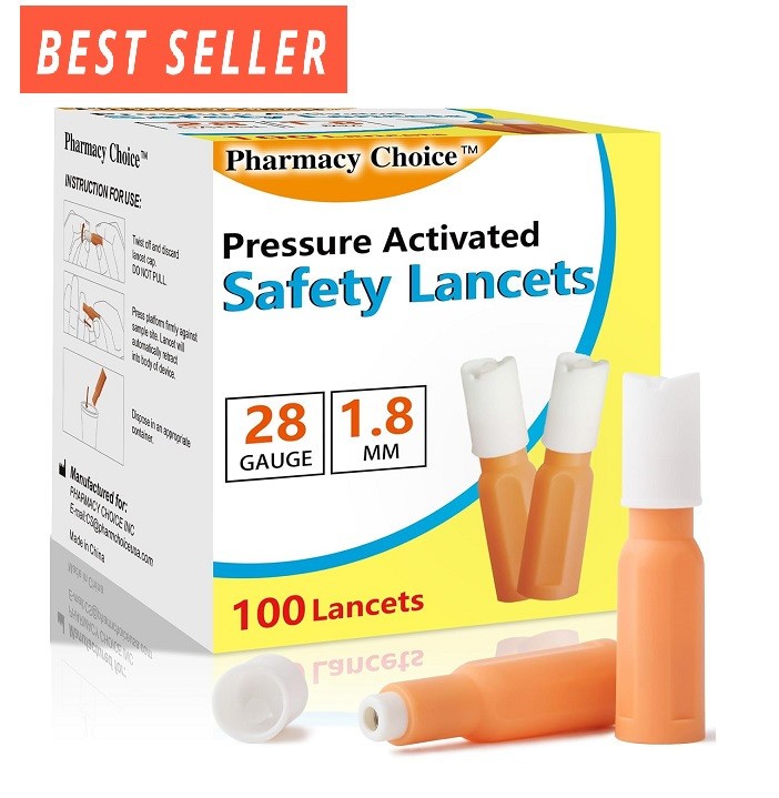 100 Ct Safety Lancets 28 Gauge 1.8mm Top Push Button Activated Glucose Testing