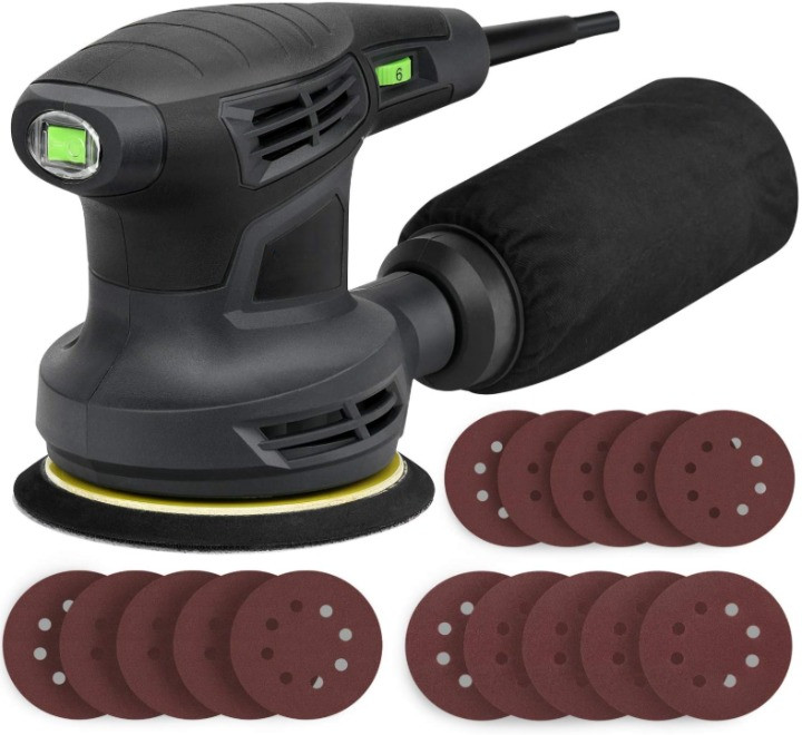 Lijadora Orbital 280W 13000OPM 6 Velocidades 5" con Discos y Bolsa, Nuevo