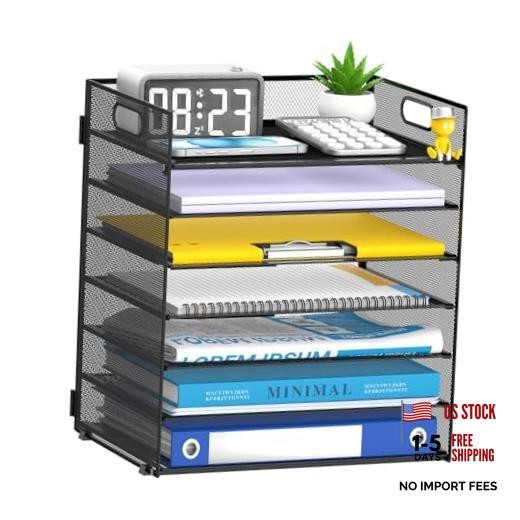 7-Tier Paper Organizer for Desk, Letter Tray with Handle Mesh Desk File Black