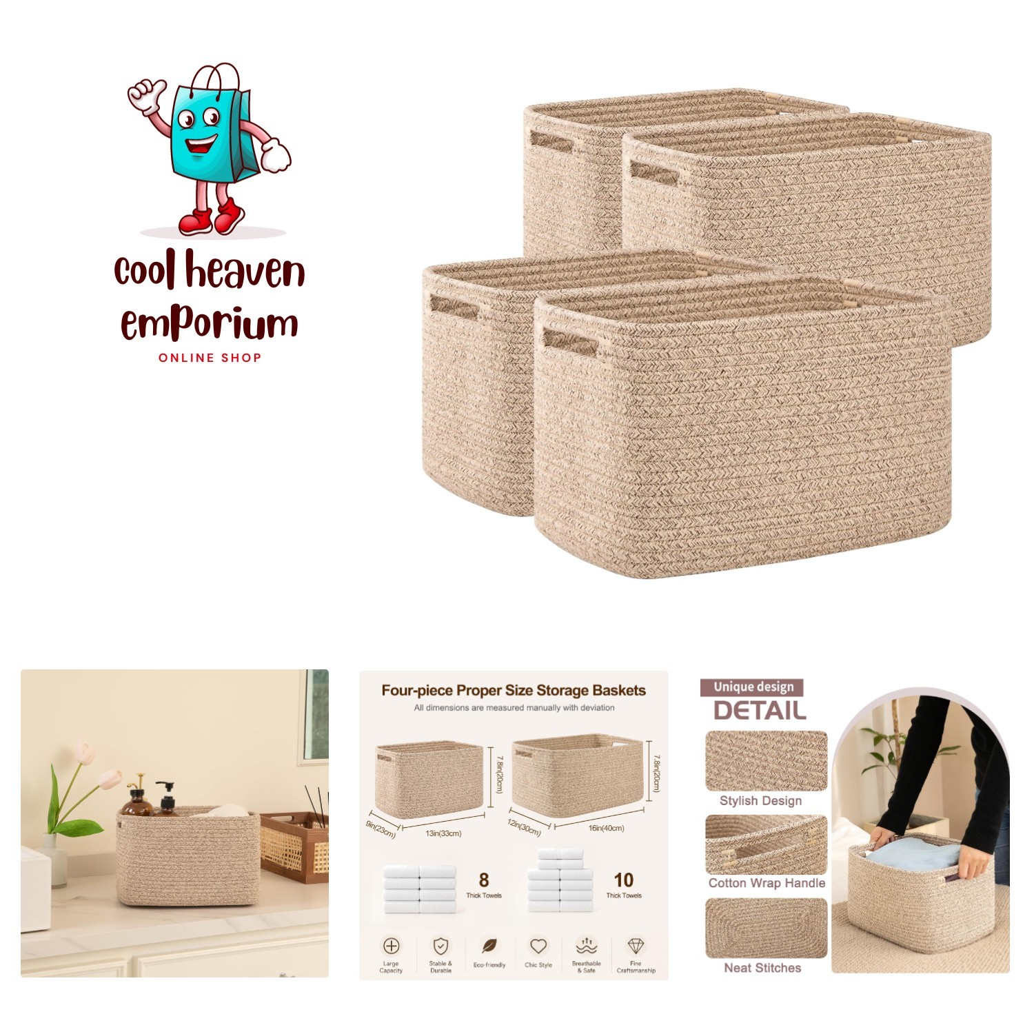 4-Pack Elegant Cotton Storage Baskets, 16''Lx12''Wx8''H - Versatile & Washable