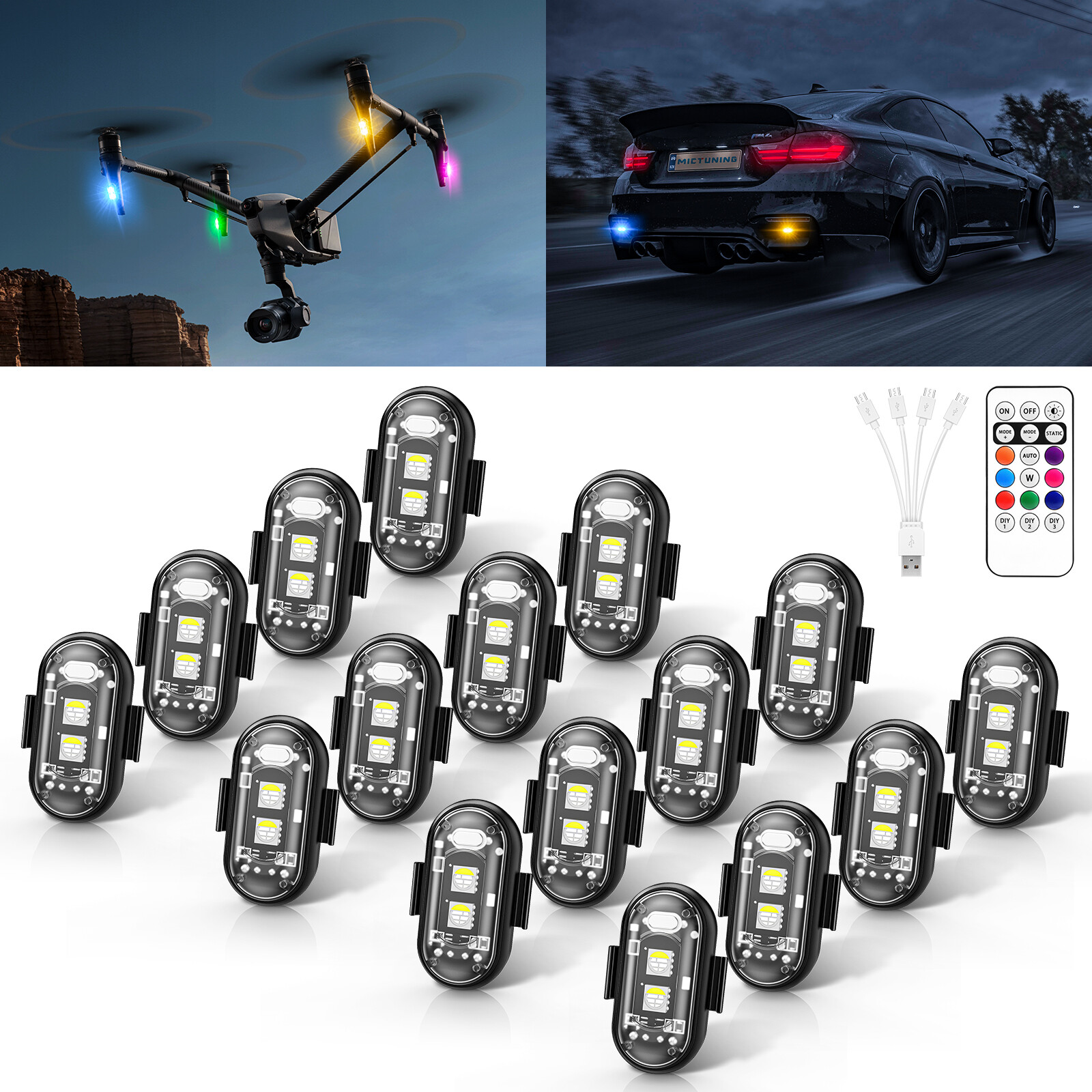 16 Pods Wireless LED Strobe Lights Remote Control 8 Colors USB Rechargeble Lamps