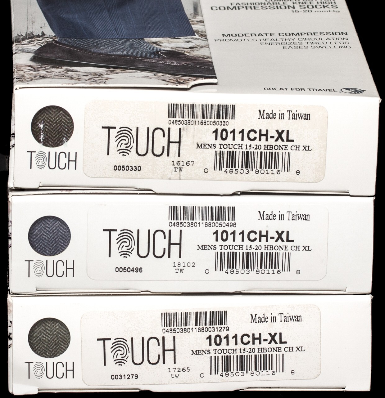 Touch 1011 Men XL Knee High Compression Sock 15-20 mmHg Herringbone Gray 3-Pair