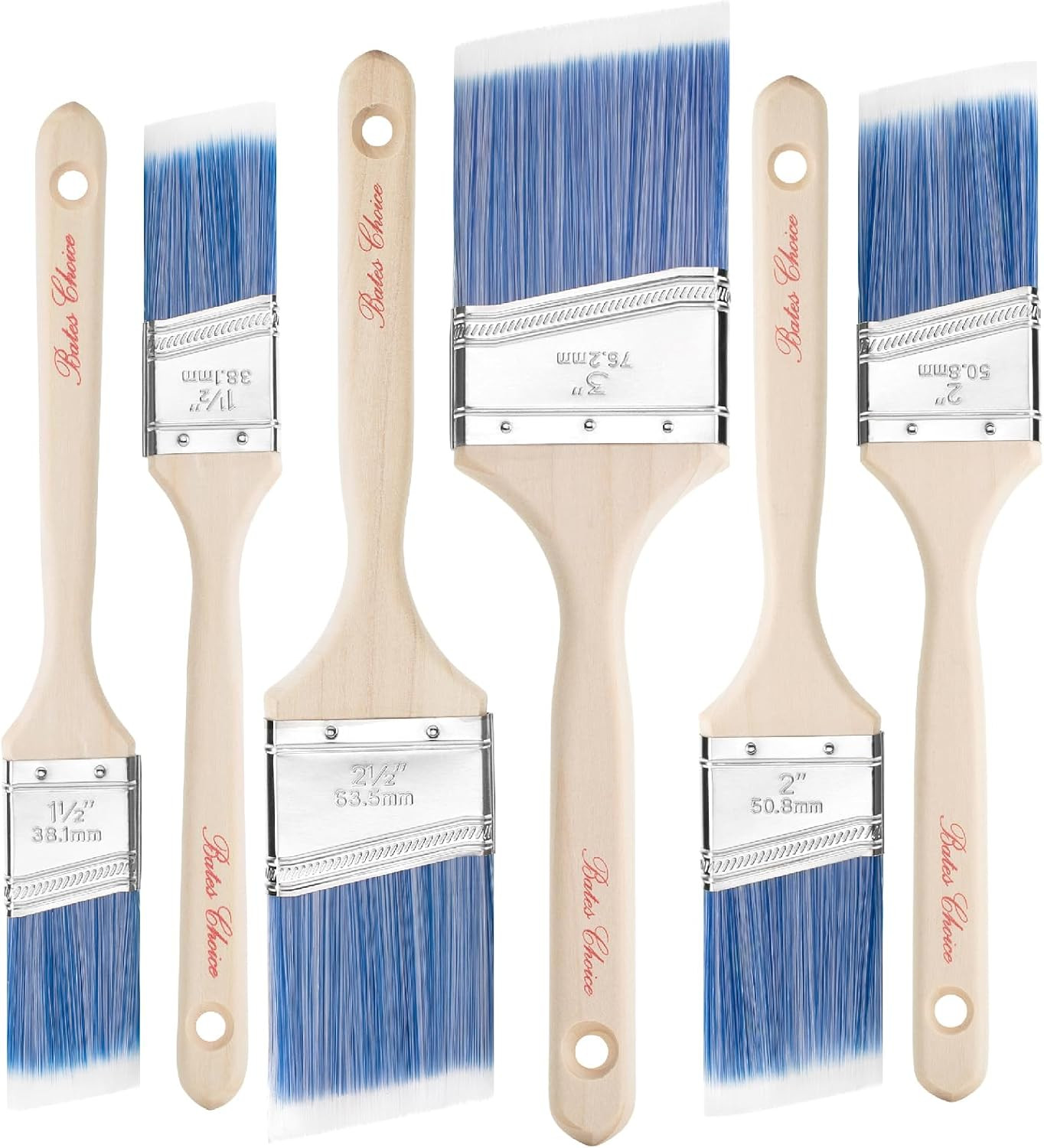 Bates Angle Paint Brushes, 6 Pack - Assorted Sizes, Treated Wood Handle, for Wal
