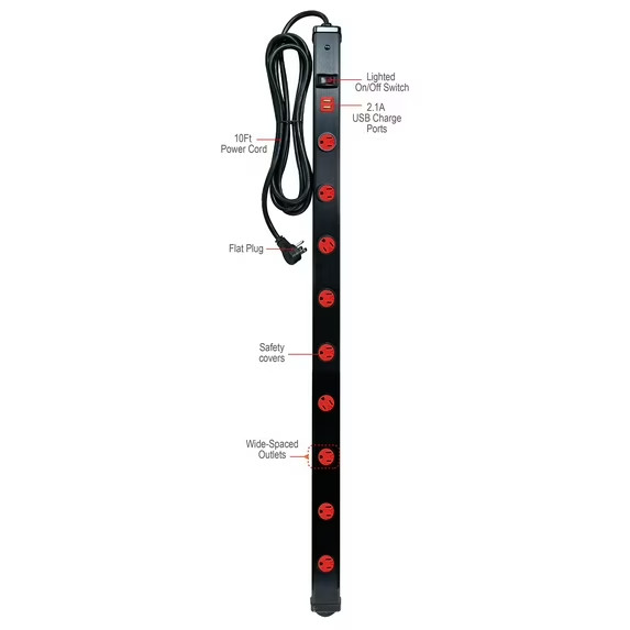Lot/5 HYPER TOUGH Metal Power Strip 9 Outlet 2 USB Ports Indoor Heavy Duty 10 FT
