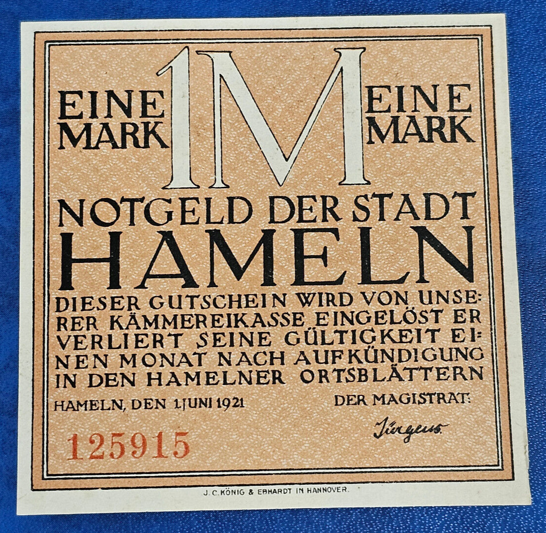 HAMELN NOTGELD 1 MARK 1921 EMERGENCY MONEY GERMANY BANKNOTE [🇩🇪35439]