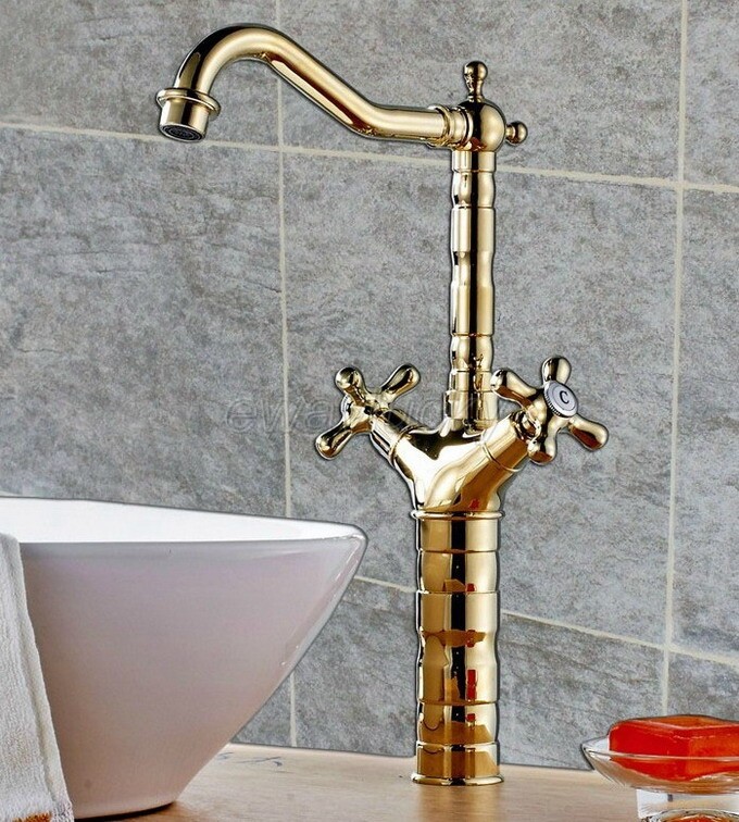 Gold Polished Brass Double Cross Handle Bathroom Sink Mixer Tap Faucet wsf094