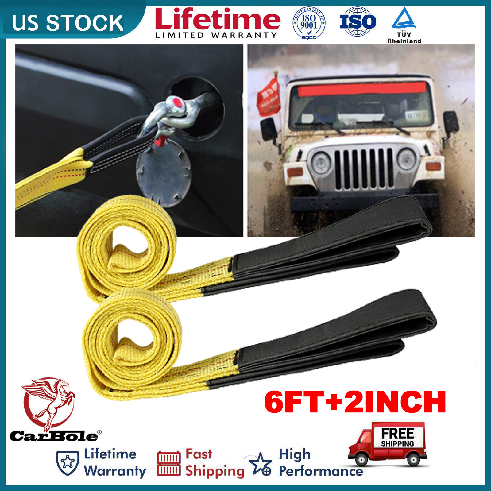 2 Pack 6' x 2" Heavy Duty Nylon Lifting Sling Flat Tow Strap Web Lift Eye & Eye