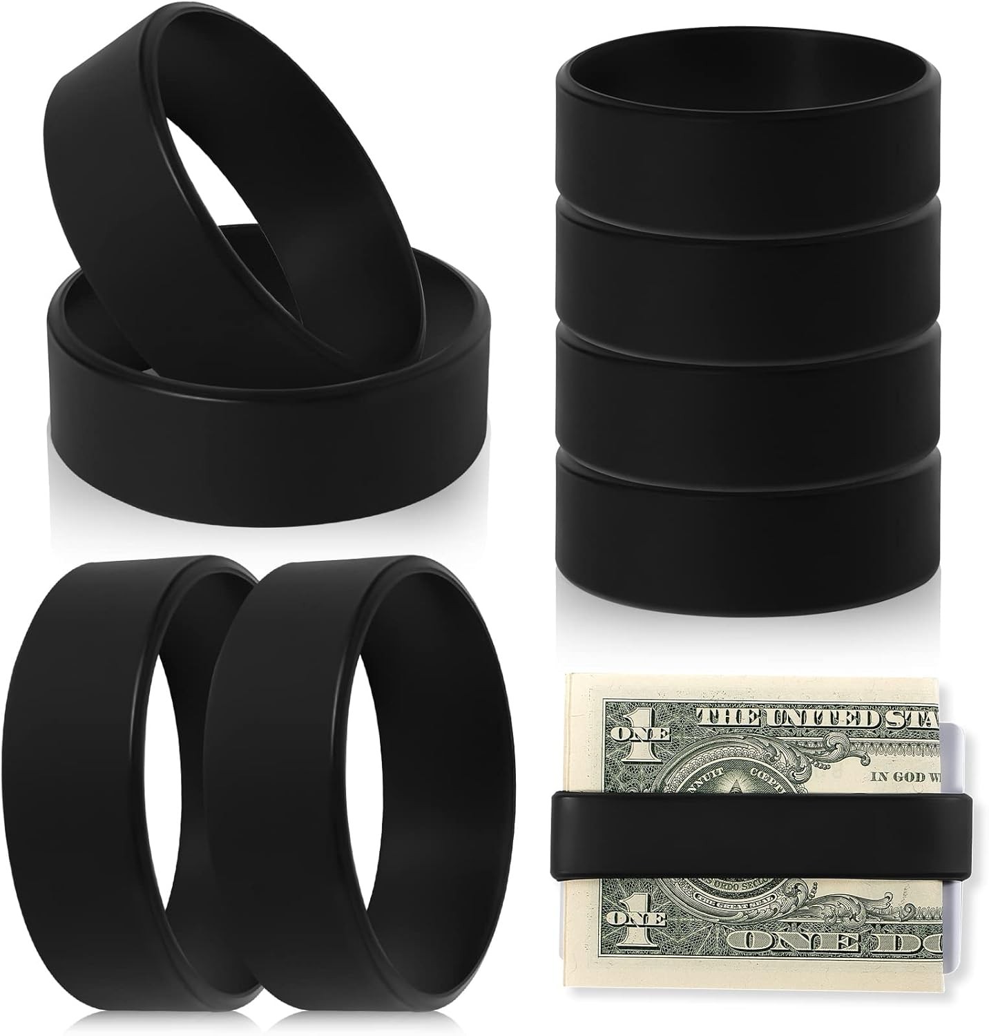 Set of 8 Elastic Money Bands - Silicone Wallet Bands, Cash Card Holder, Black