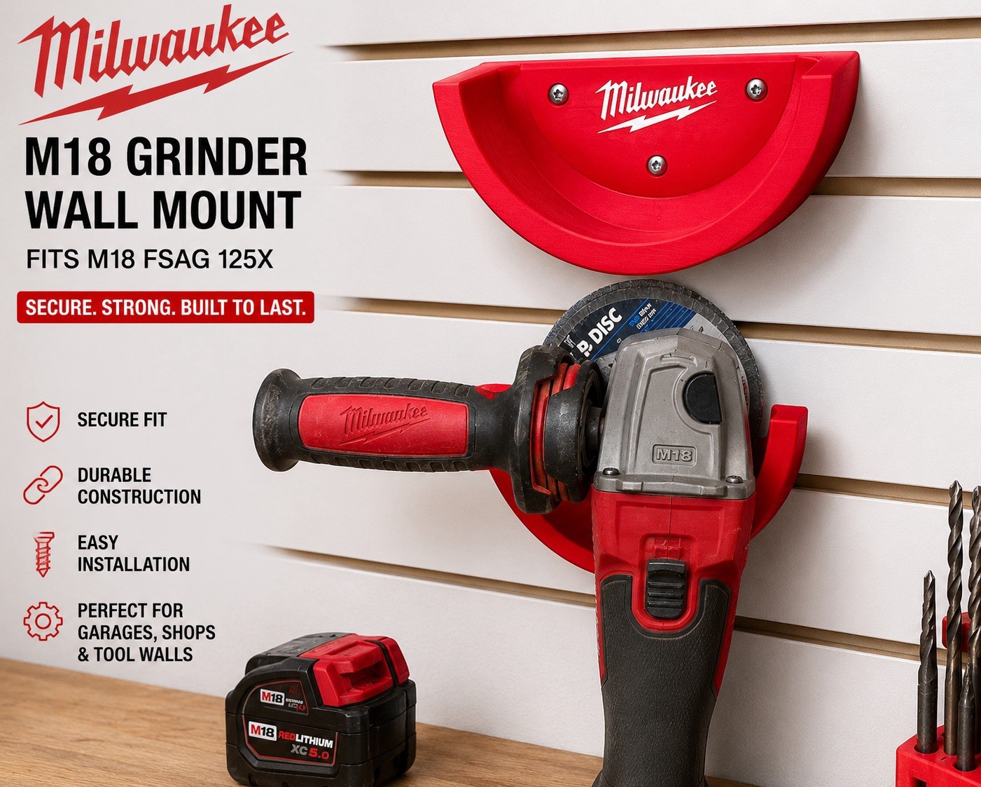 Milwaukee M18 Grinder Wall Mount Holder Rack FSAG 125X Garage Shop Organizer