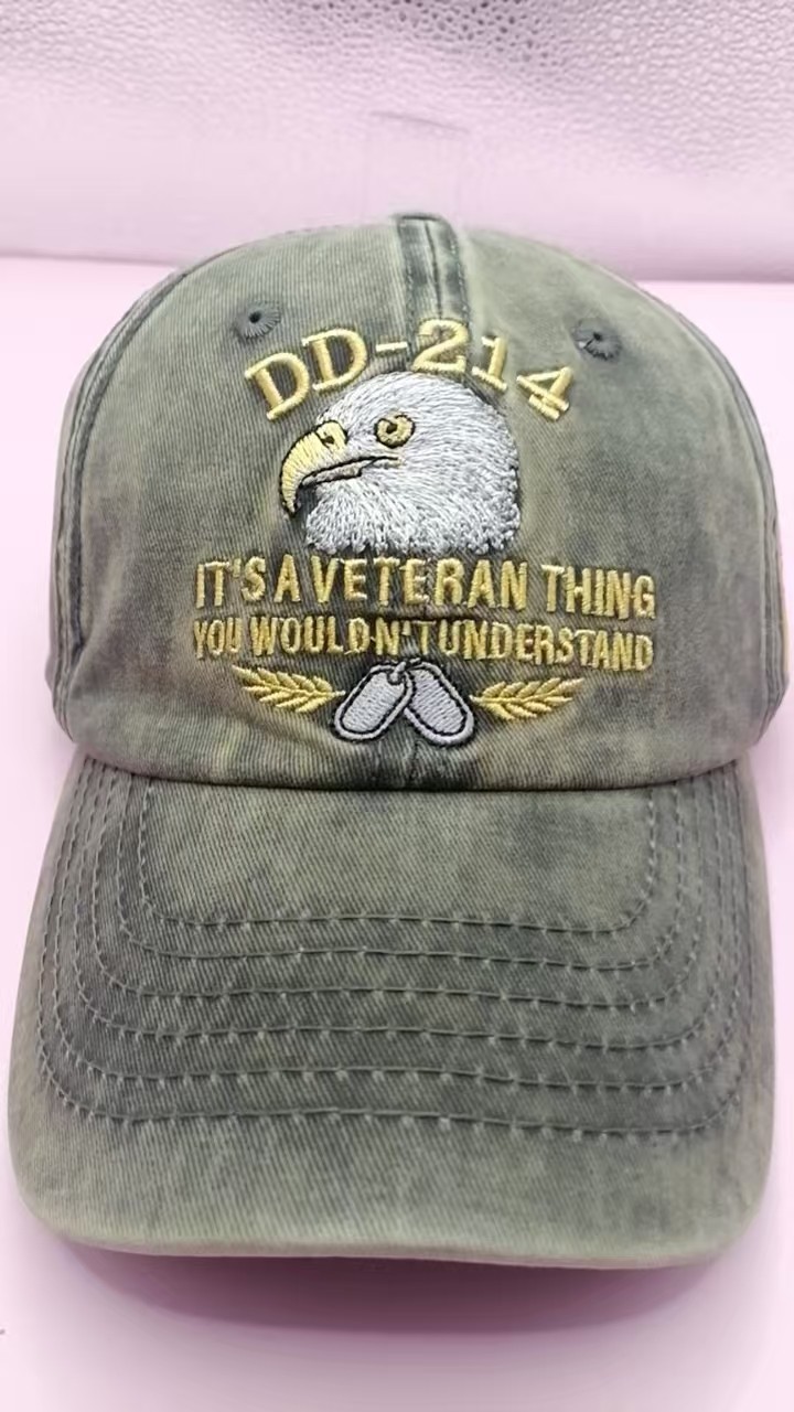 DD-214 Veteran Eagle Embroidery Cap - American Flag Vintage Washed Cotton Hat