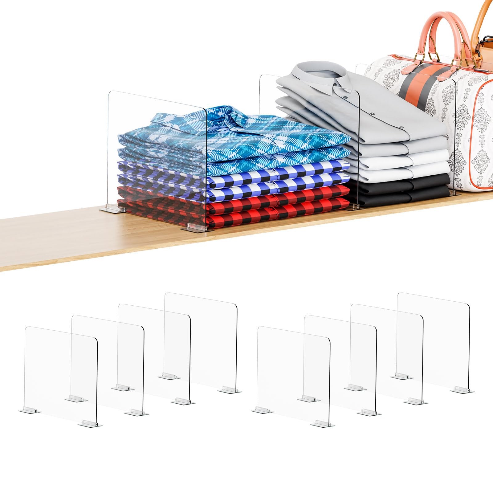 8 Pack Acrylic Shelf Dividers for Closet Organization - Suitable for All Cupb...