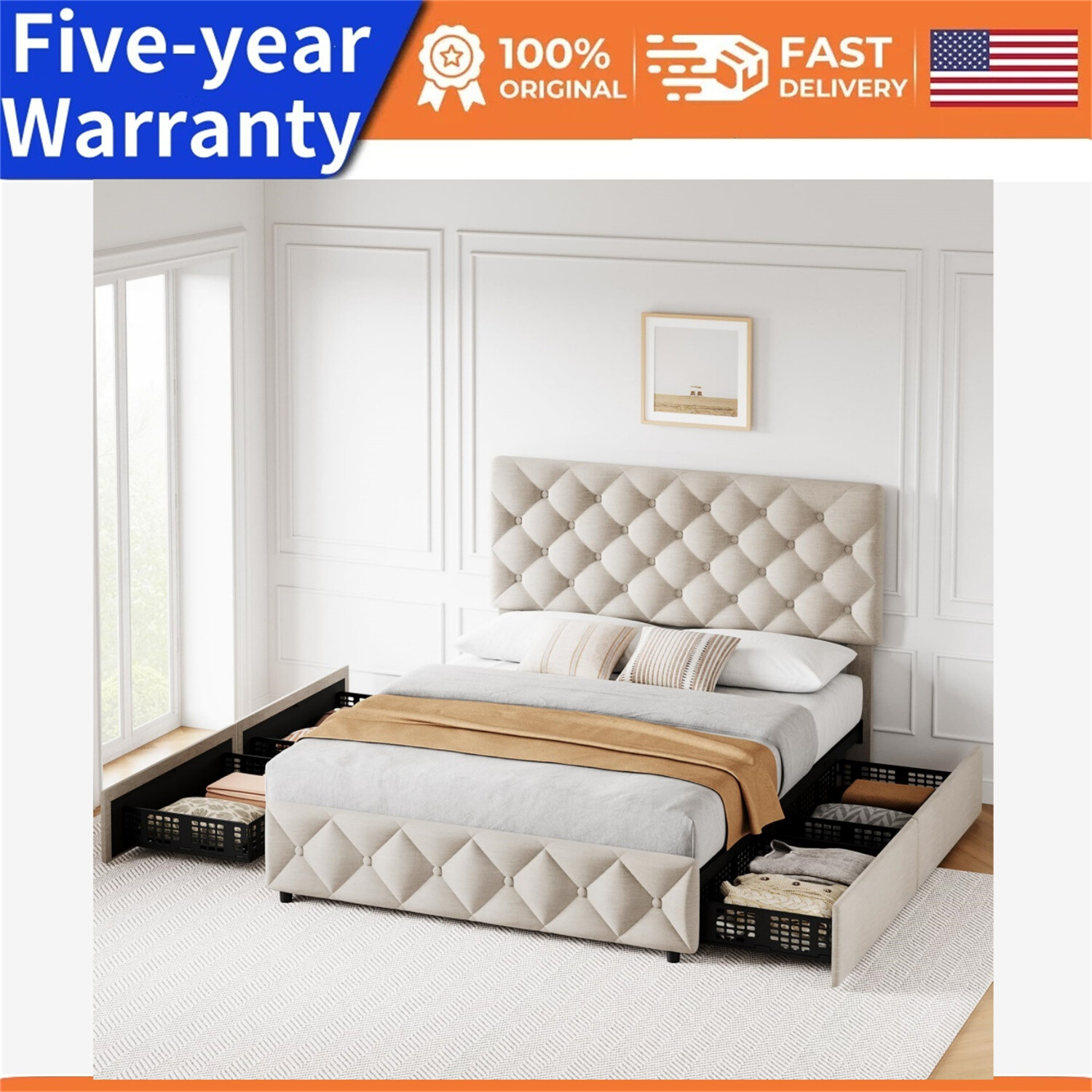 4 Storage Drawers and Headboard QUEEN/FULL Bed Frame Linen Upholstered Platform
