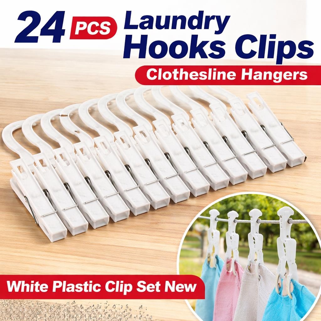 24 Pcs Laundry Hooks Clips Clothesline Hangers Plastic Clip Set White New