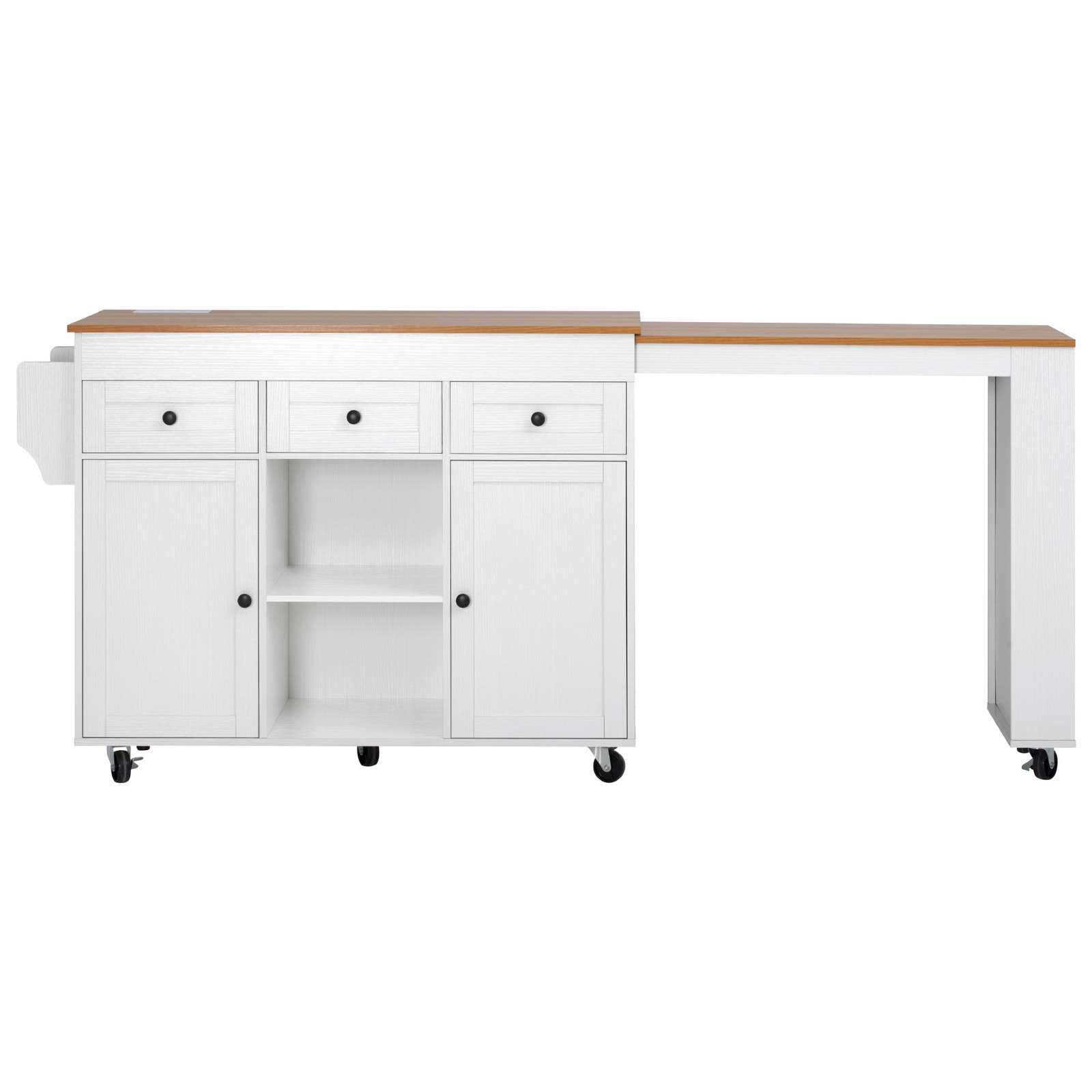 White Kitchen Island with Extendable Dining Table, 3 Drawers, 2 Doors, 85.5"