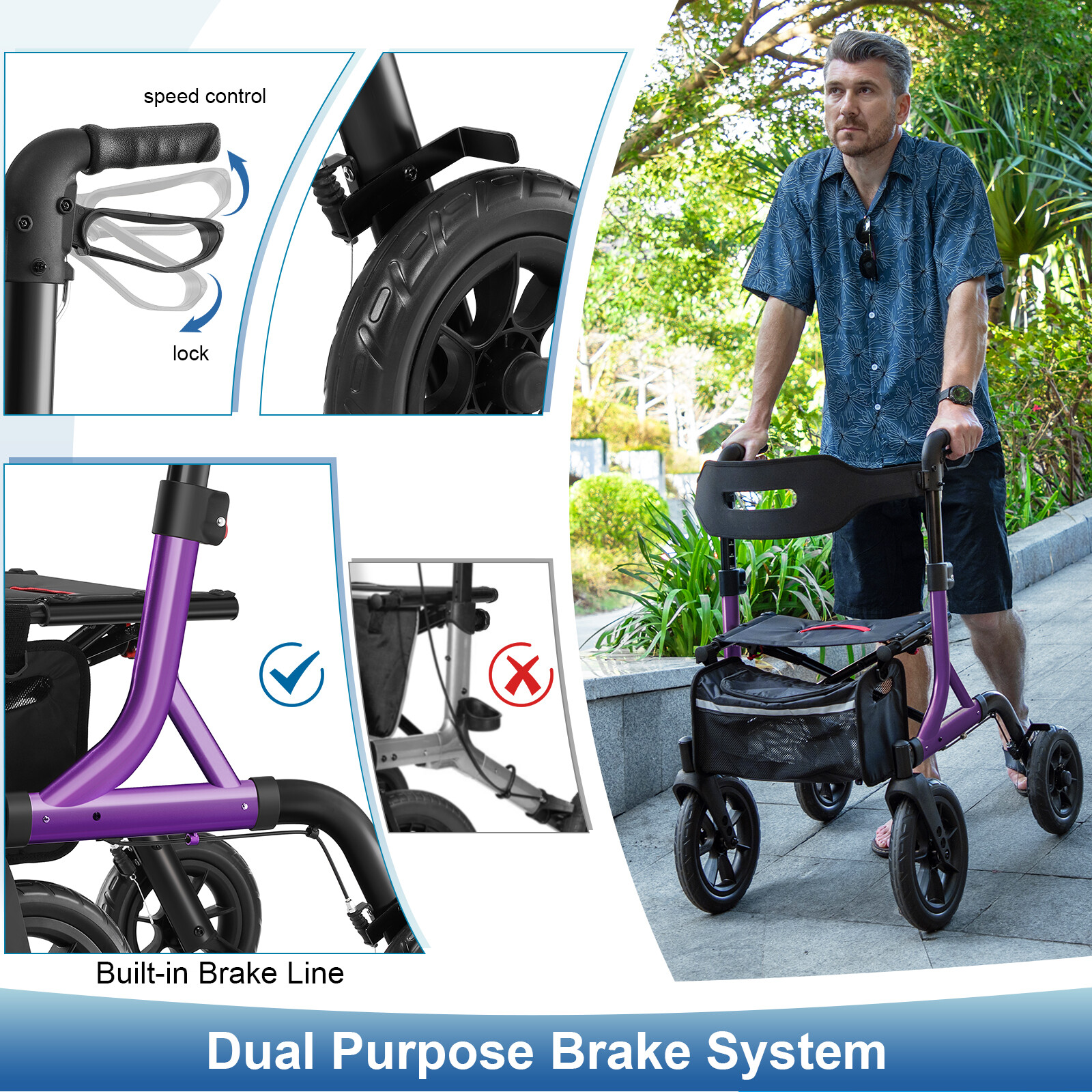 Rollator Walker for Seniors 12" Big Rubber Wheels, Height Adjustment for 5-6.5ft