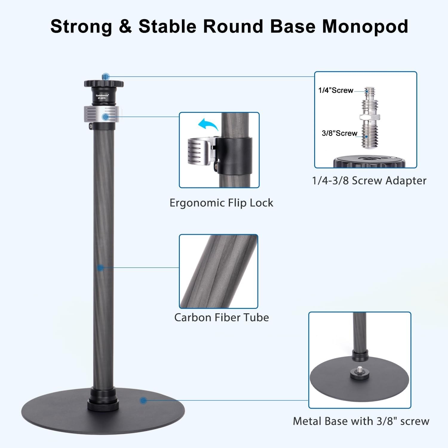 Koolehaoda Tripod Stand Extendable Monopod Carbon Fiber Pole with Round Base