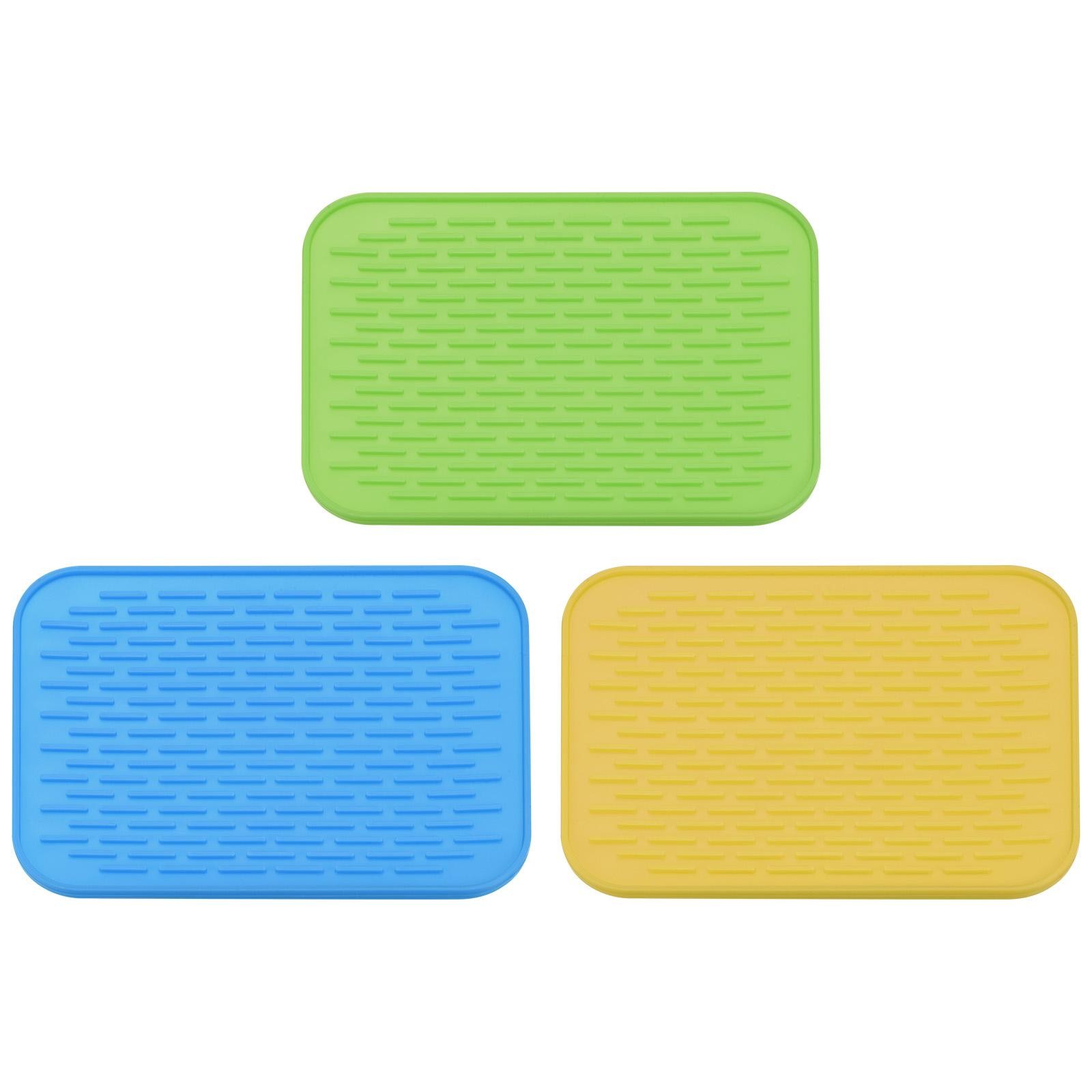 3Pcs Silicone Dish Drying Mat Set 8.5" x 6" Drain Pad Yellow Blue Green