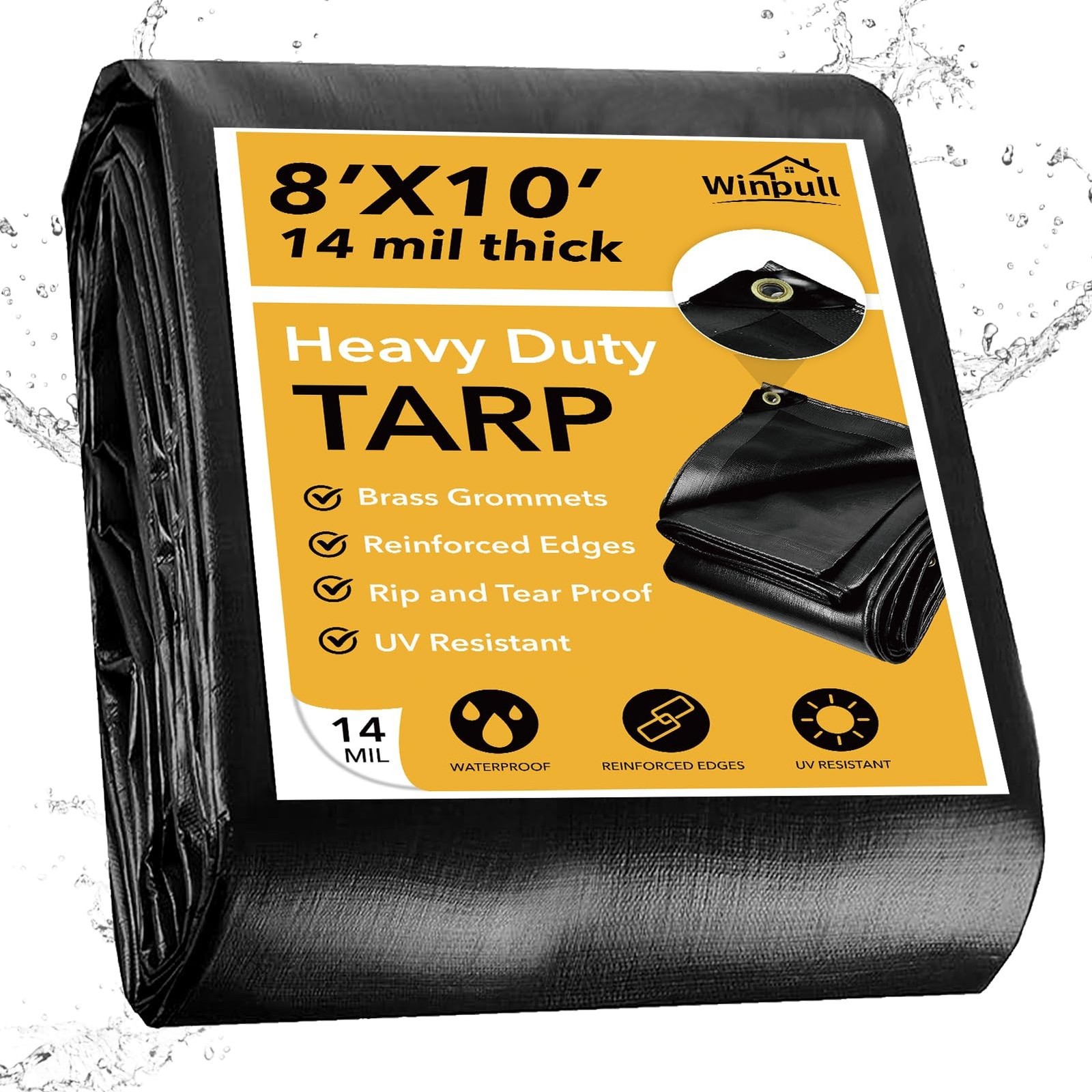 Winpull Tarp 8x10 FT 14 Mil Tarp Heavy Duty Waterproof, Black Poly Outdoor Ta...