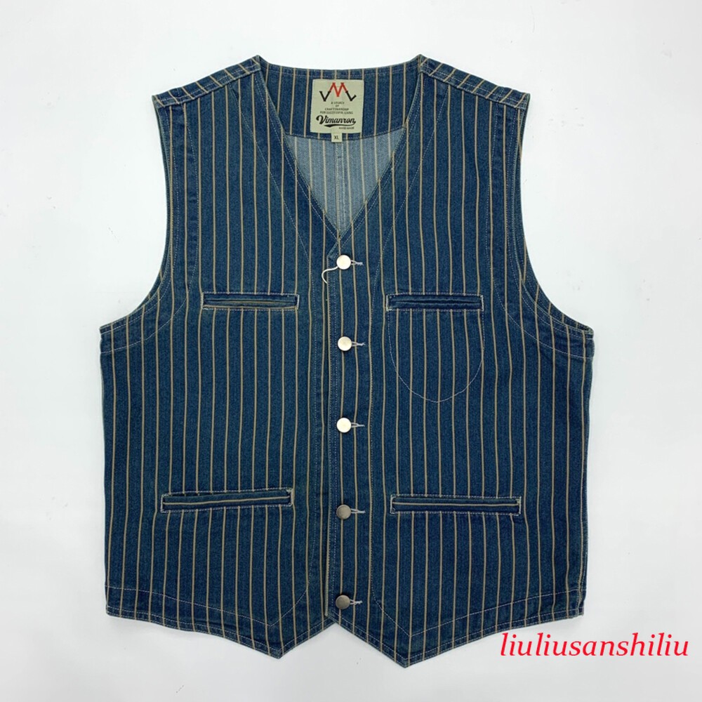 Denim Vest Mens Striped Vest Work Waistcoat Vintage Casual Coat Jacket Tops