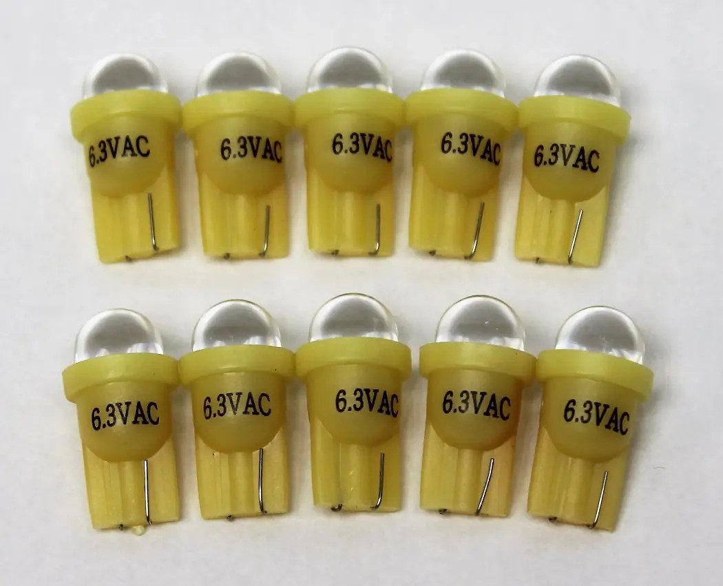 10 Pack Pinball LED's 6.3 volt AC, 555 clear wedge base T10 Cool Yellow Short