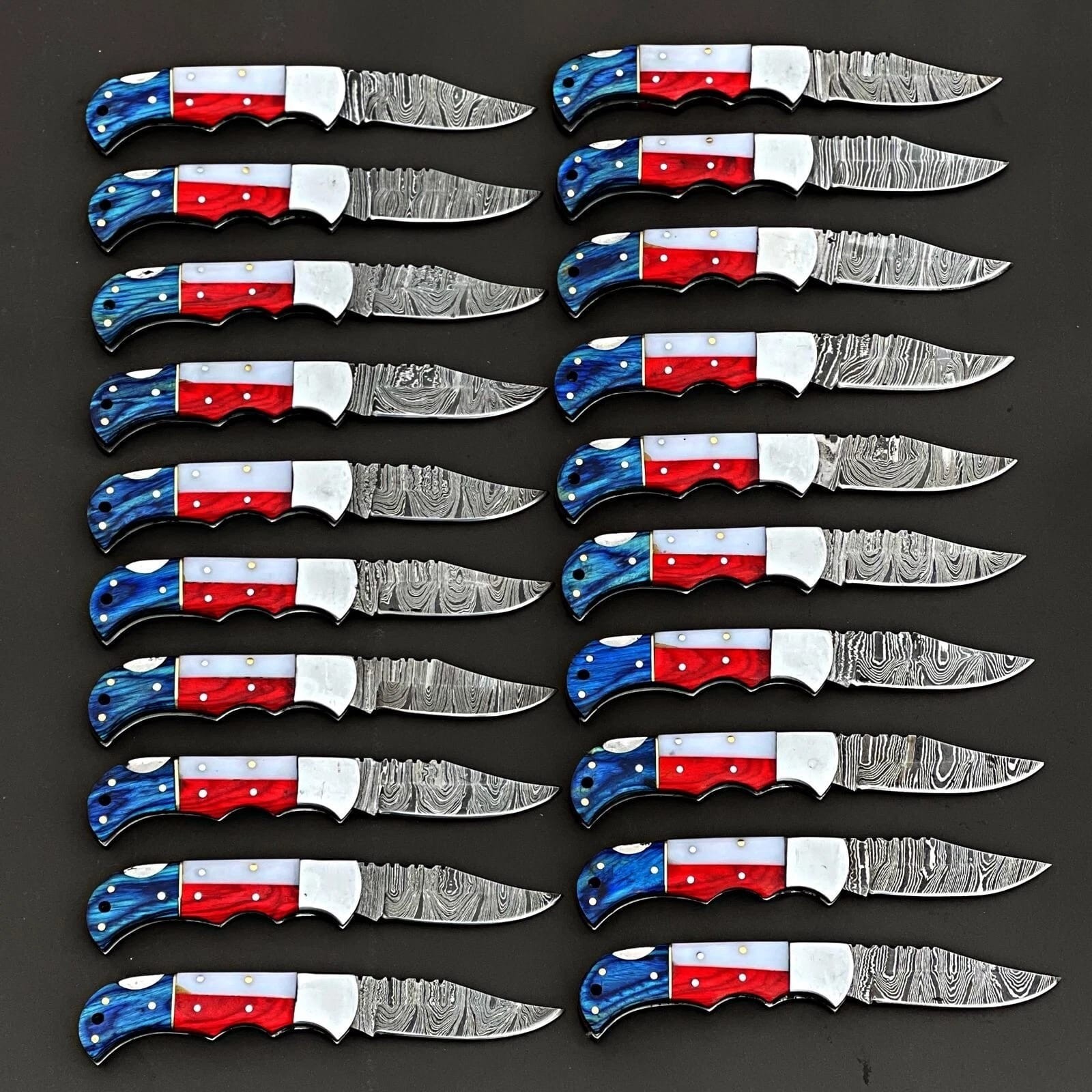 Lot of 20 Pcs Handmade Damascus Steel Folding Knives, Pocket Knives With Sheaths