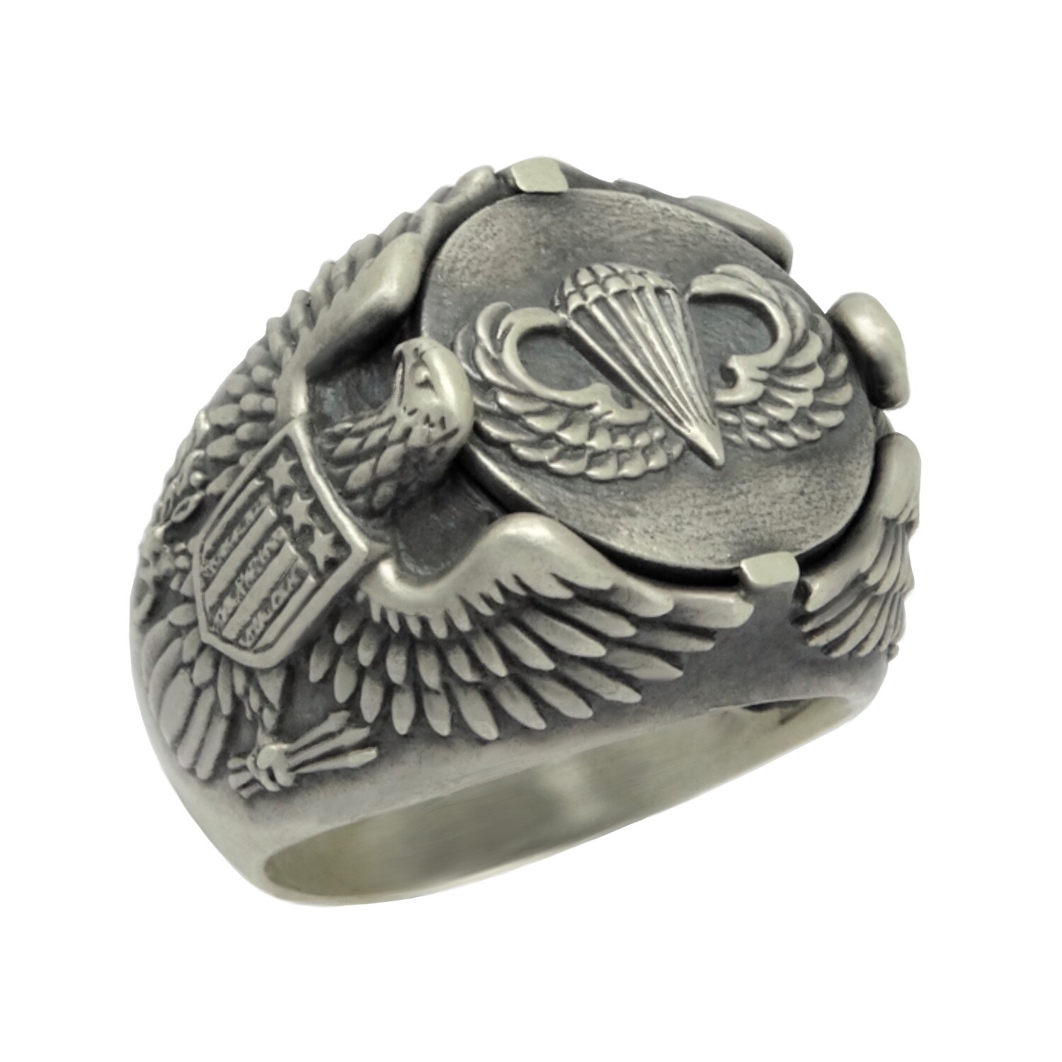 Airborne Army Parachutist American Eagle Sterling Silver Biker Men's Ring