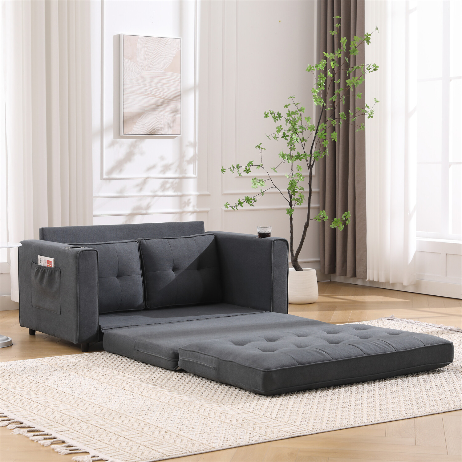 Convertible Sofa Bed Loveseat Futon Sofa Couch w/ Pull-Out Bed Dark Gray