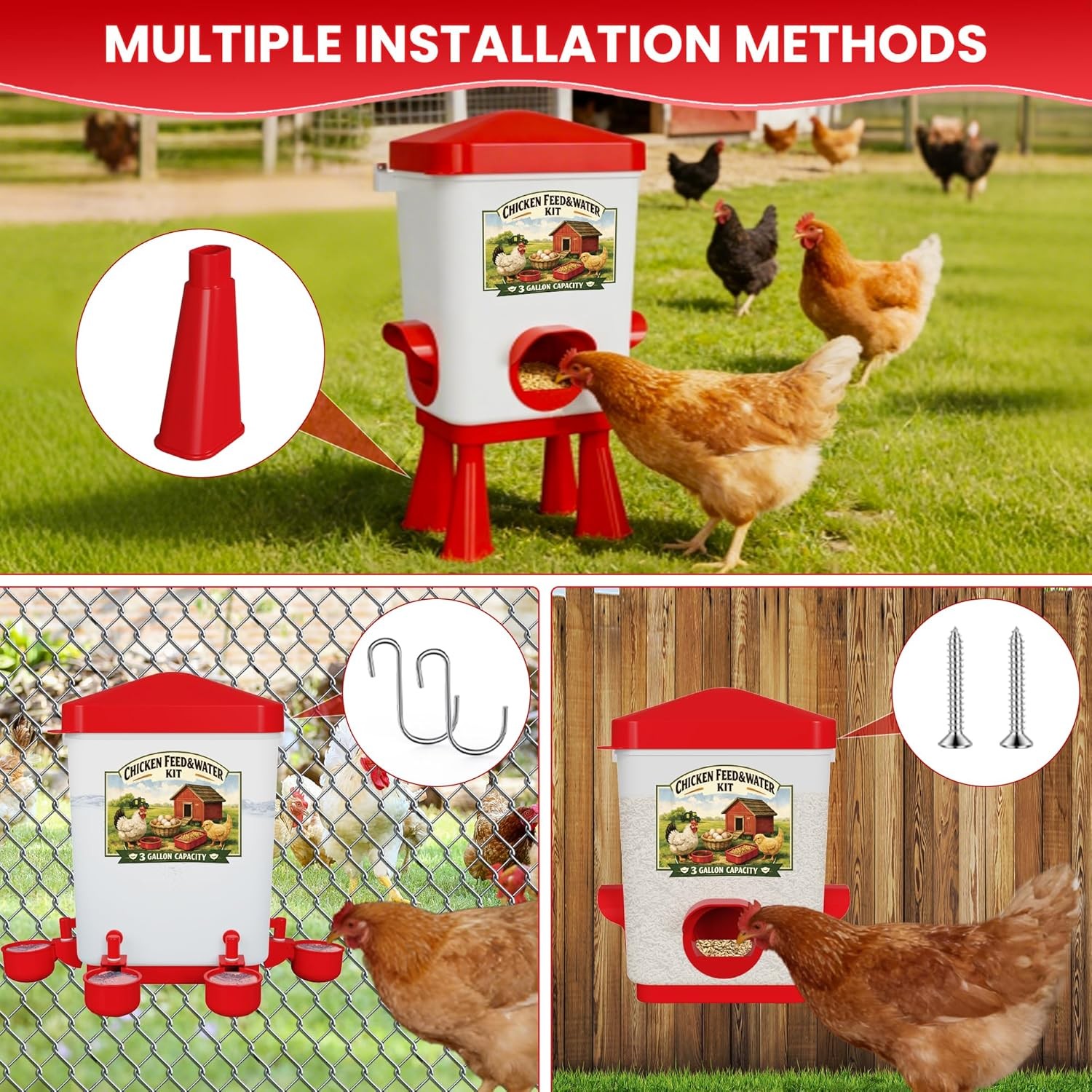 Chicken Feeder and Waterer Set, 3 Gallon/16 LB Automatic Poultry Feeding System