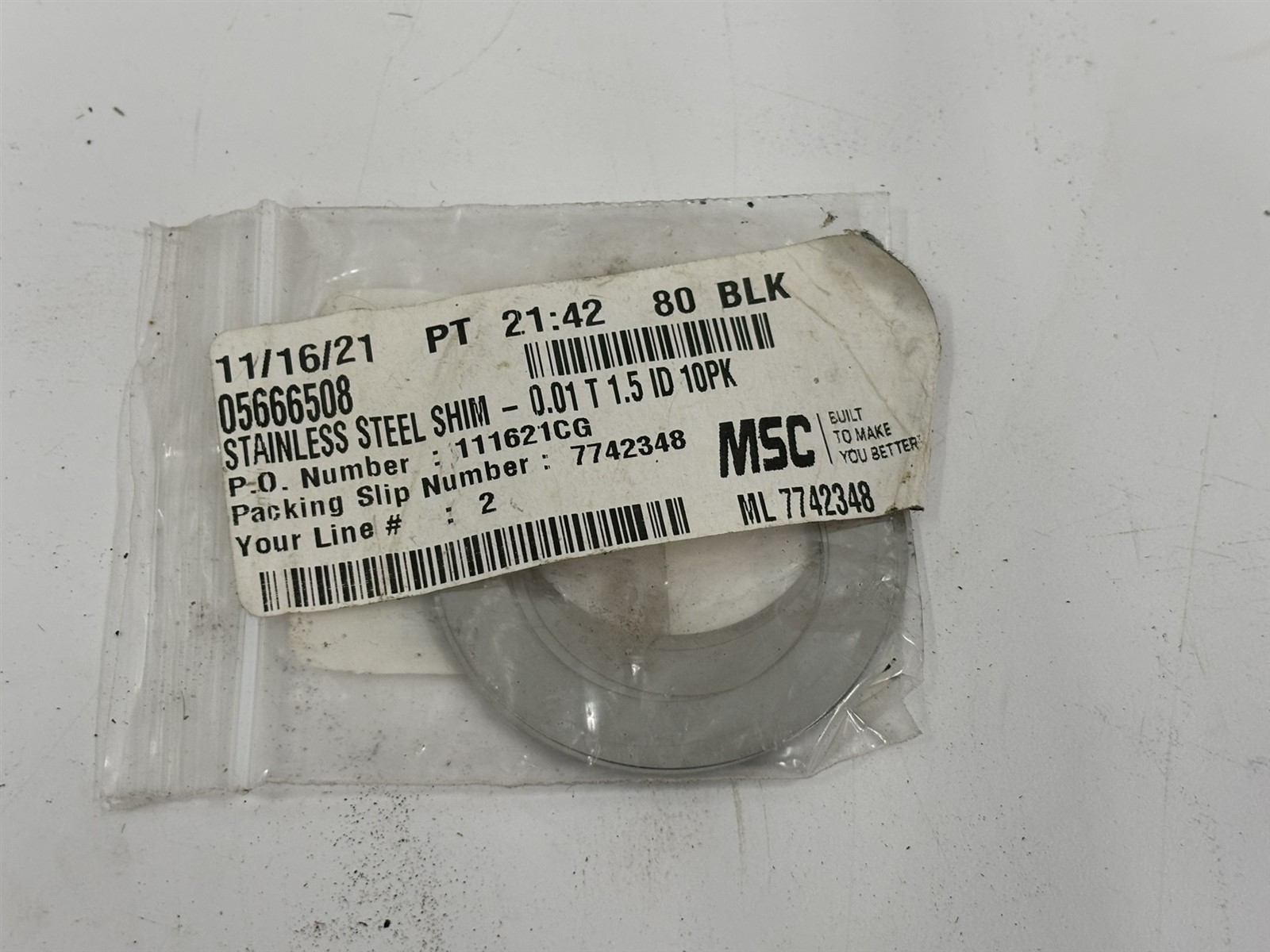 MSC Stainless Steel Arbor Shims 0.0100" Thick 1-1/2" ID 2.1250" OD 10 Pack