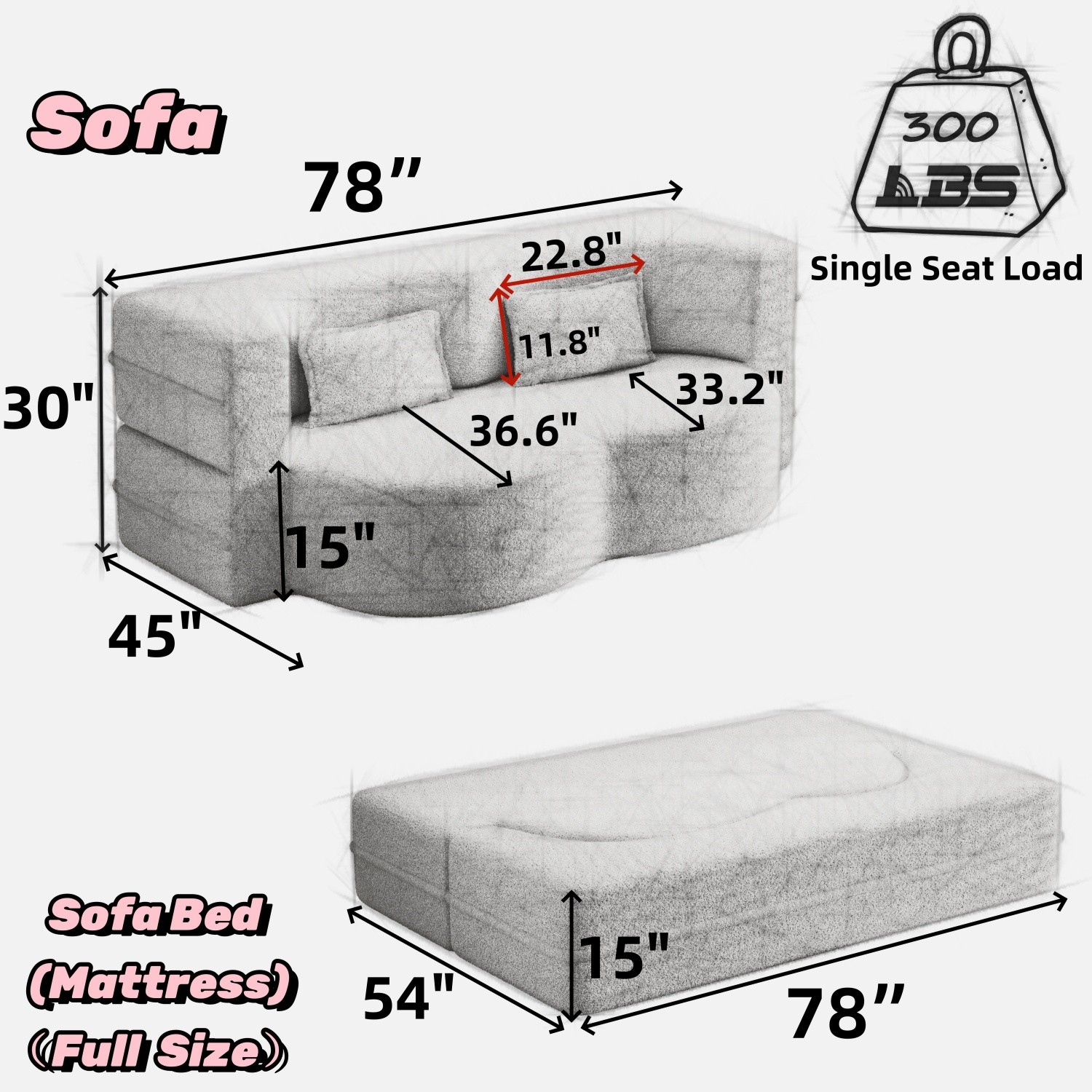 Foldable Floor Sofa Bed Convertible Futon Mattress for Small Spaces w/ 2 Pillow
