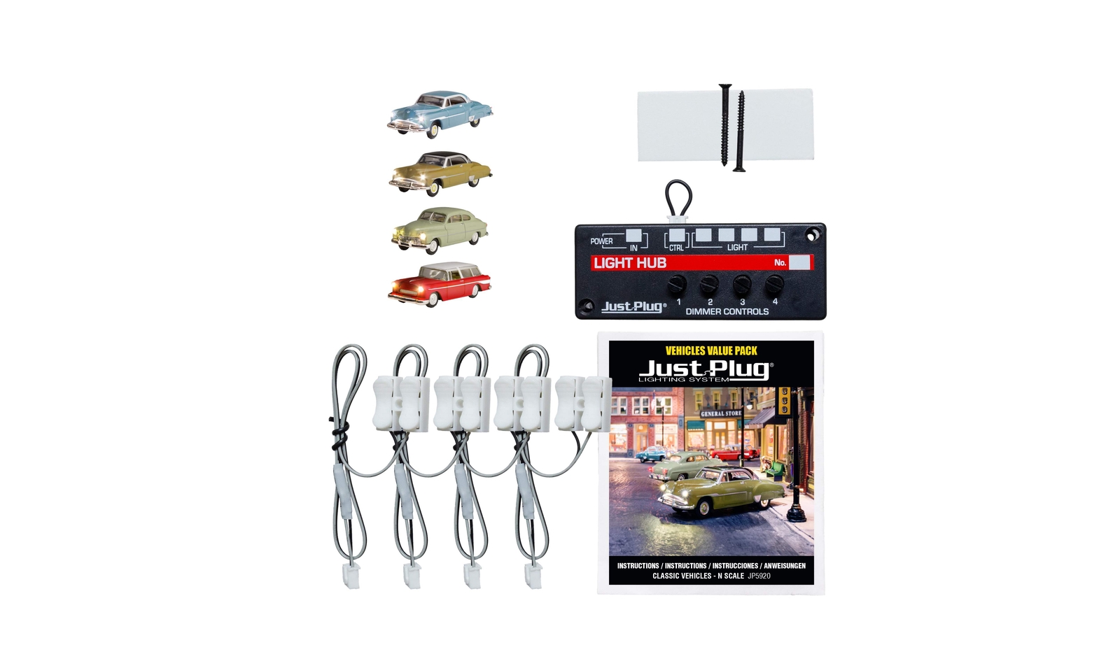 Woodland Scenics JP5920 N Scale Just Plug Value Pack Classic Vehicles with Light