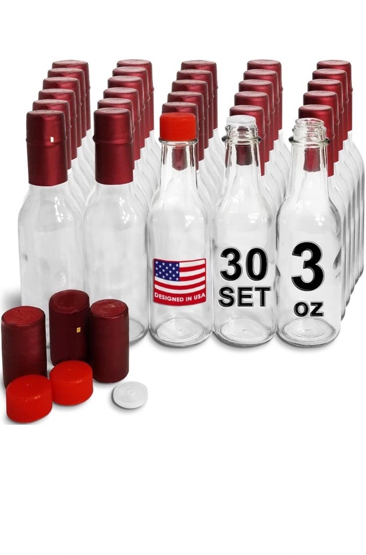 30-3oz Hot Sauce Bottles, Empty Clear Glass Woozy Bottles with Shrink Capsules