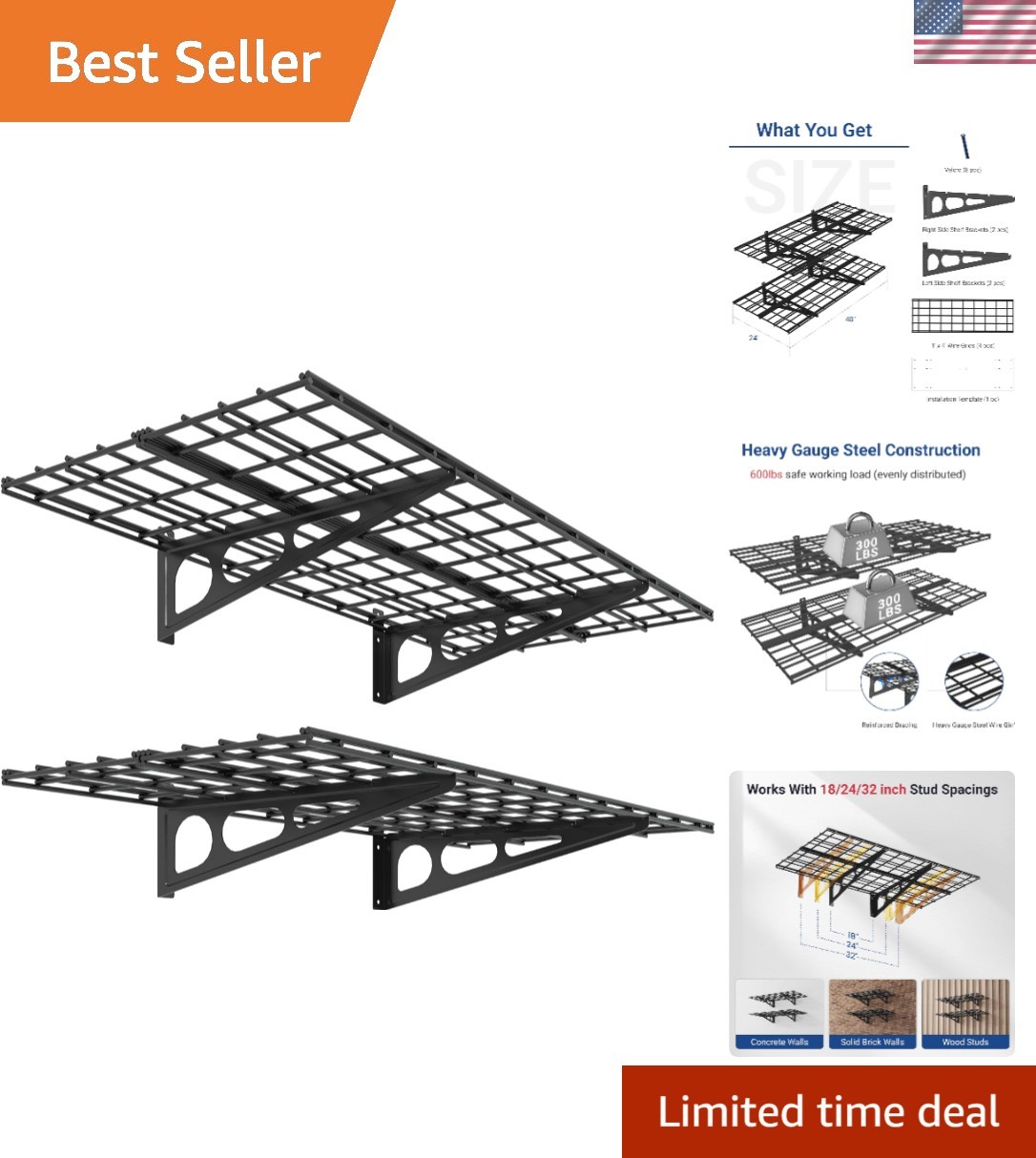 2-Pack Water Resistant Black Floating Shelves - Easy Installation for Any Garage