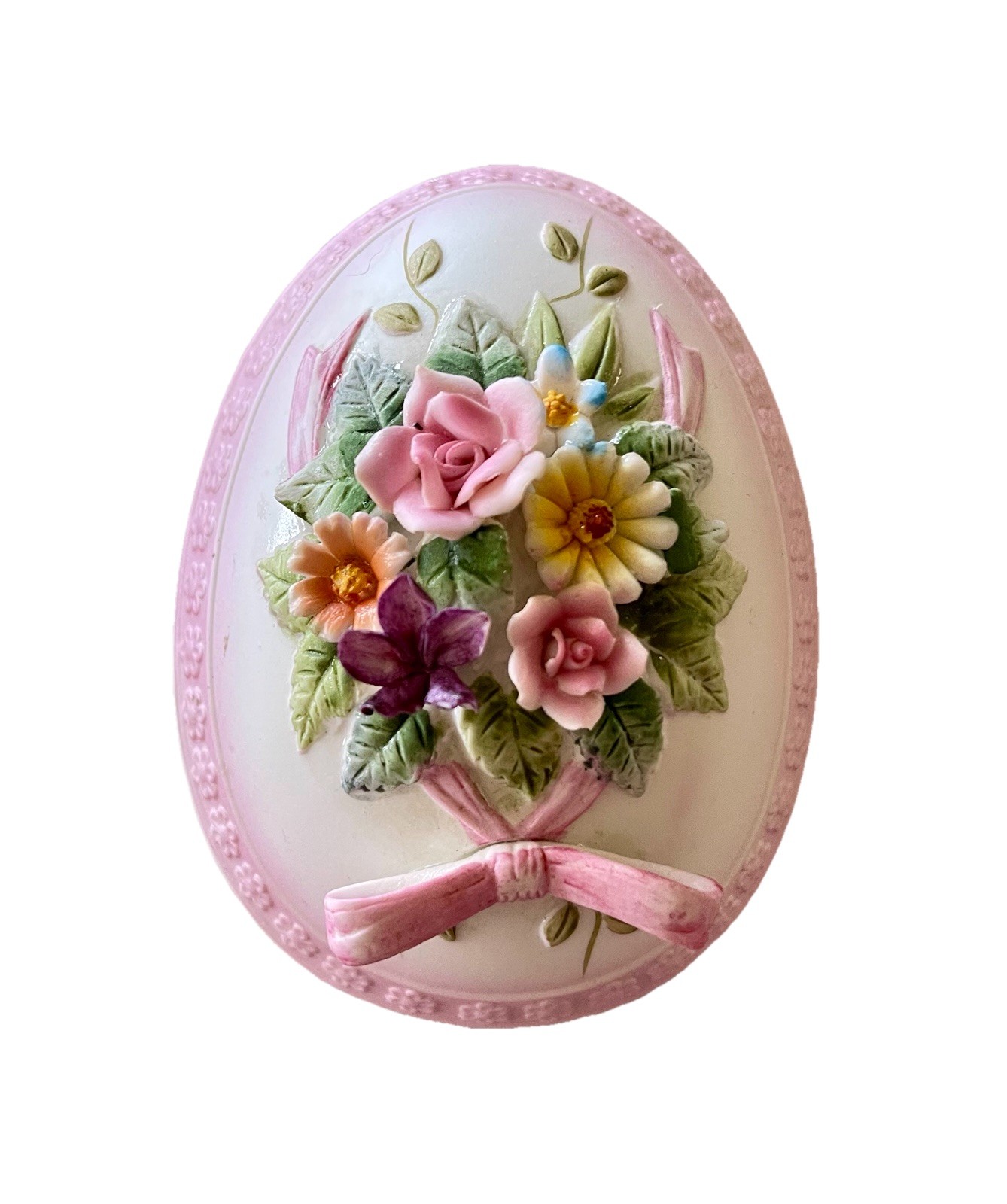 VTG Bone China Egg Shaped Jewelry Box, 3 1/4”L , 2 1/4”H, 3D Floral Designs