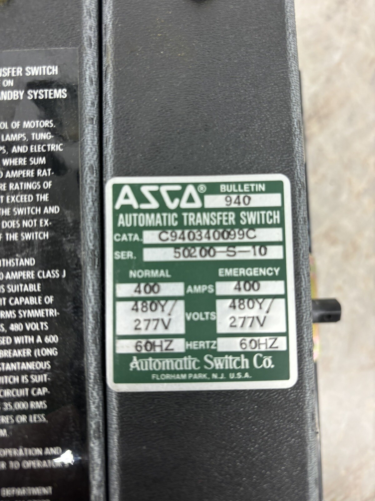 ASCO 400 Amp Automatic Transfer Switch 480 Volt Contactor Only
