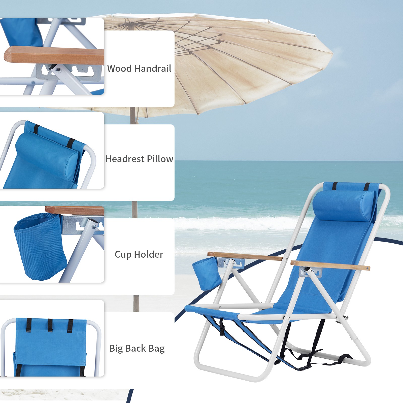 Backpack Beach Chair Folding Portable Chair Blue Solid Construction Color Blue