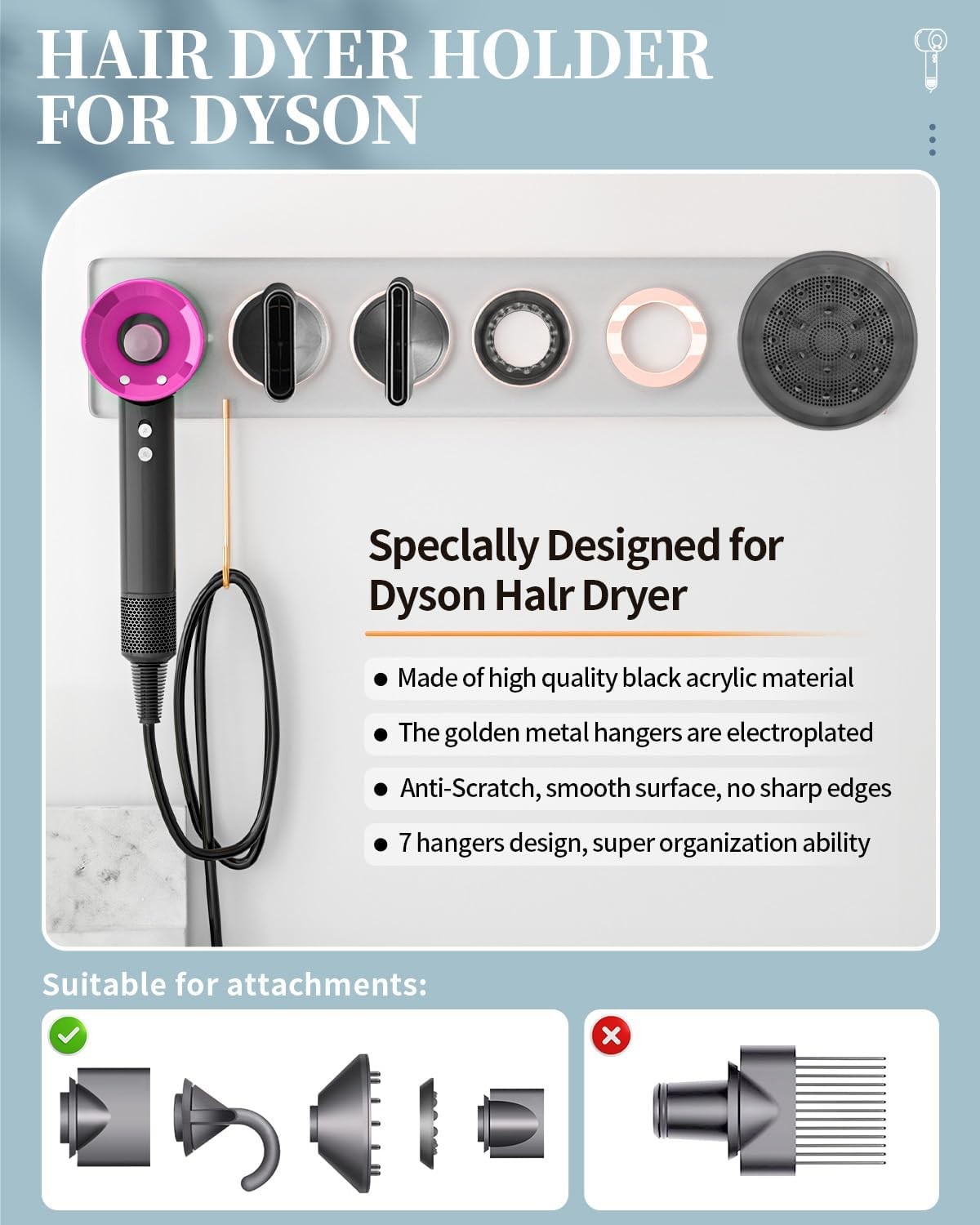 6-in-1 Magnetic Wall Mount for Dyson Supersonic Hair Dryers (HD08, HD01, HD02,