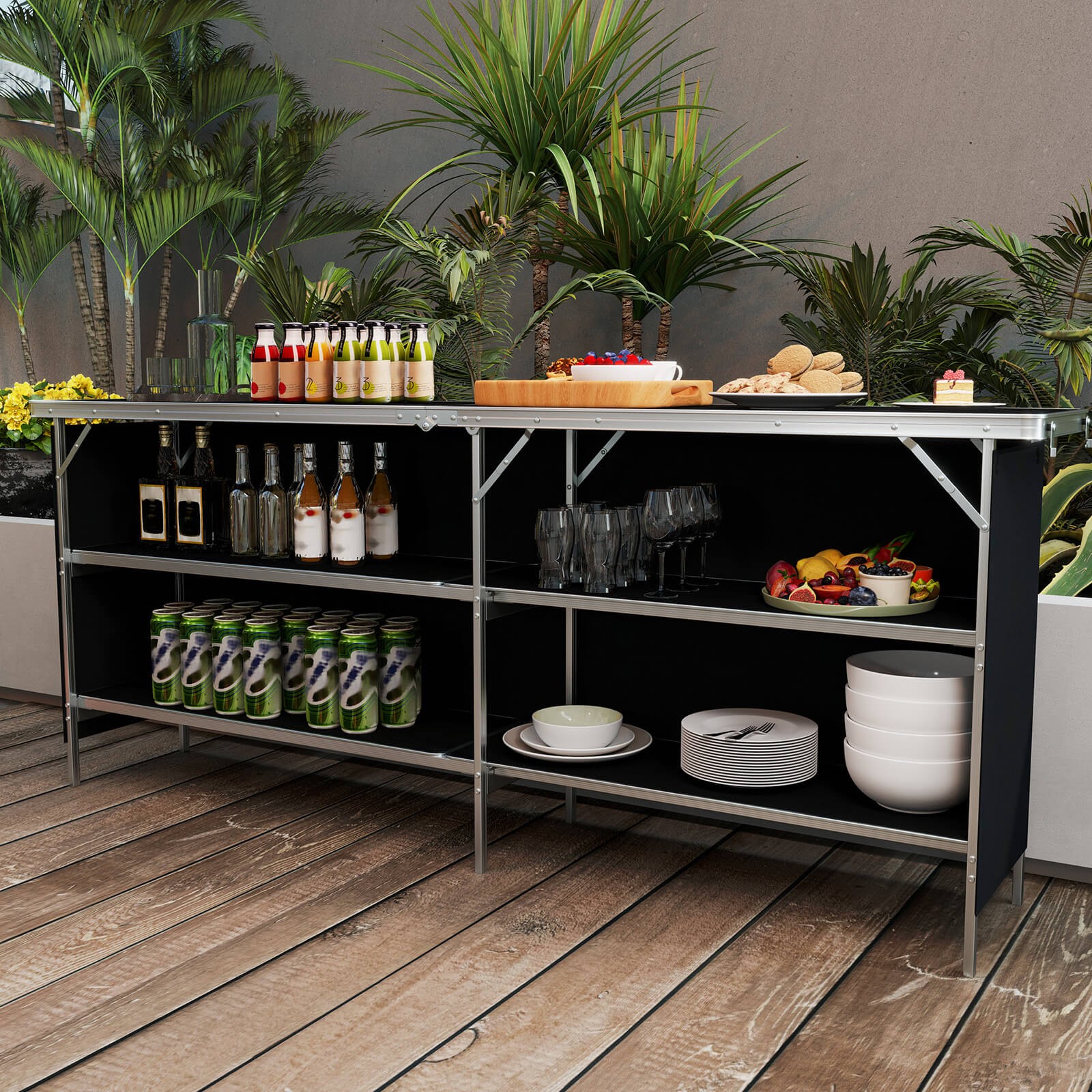 Portable Bar Table Folding Camping Table w/ Aluminum Alloy Frame 2-Tier Shelves