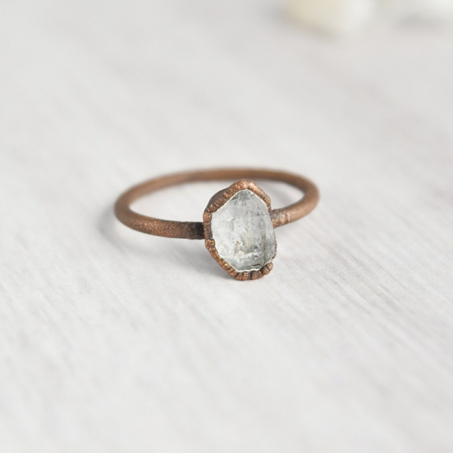 Size 7 Herkimer Diamond Ring, Raw Natural Crystal, Antique Copper, Boho Jewelry