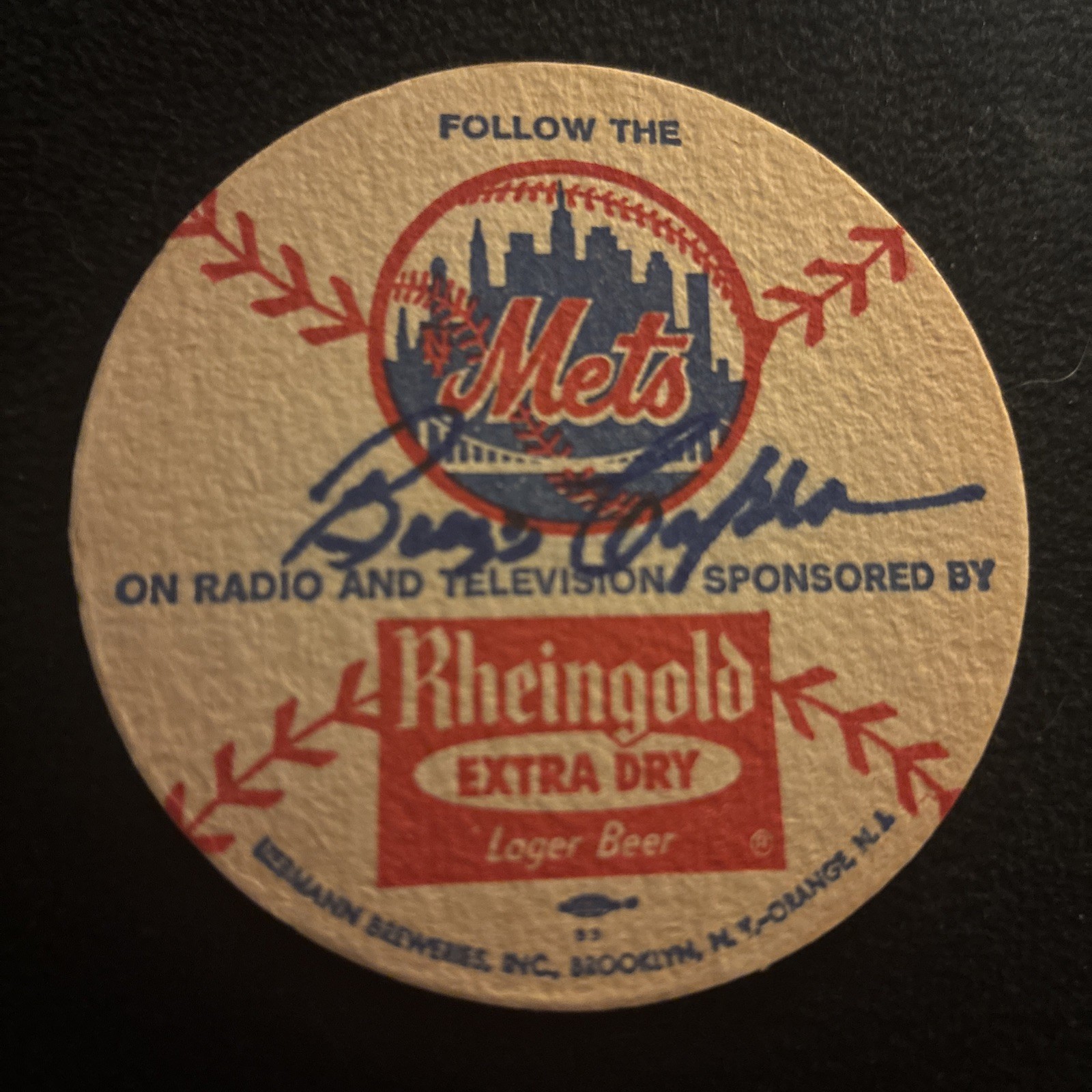 Buzz Capra  Signed Vintage Mets Rheingold Beer Coaster Original
