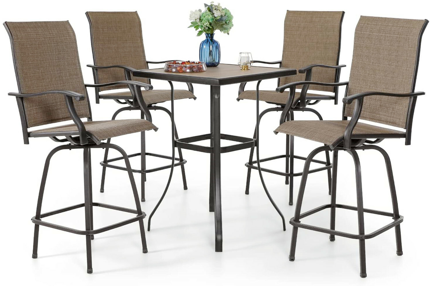 Patio Bar Table Chair Set Swivel Bar Height Chair Bar Chairs Outdoor Stools 5PCS