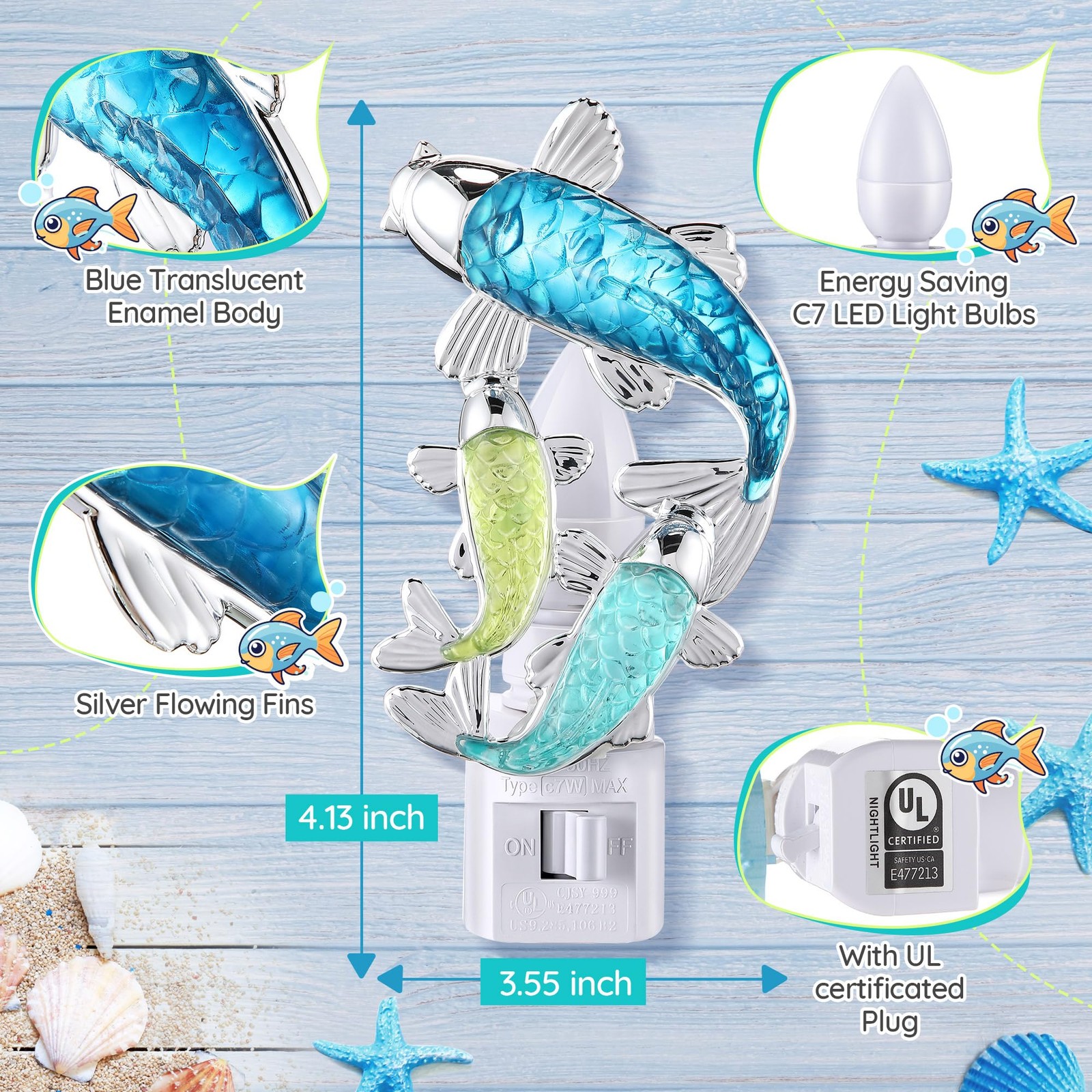 Fish Night Light, Beach Night Light, Plug into Wall Lamp with Manual Switch, ...