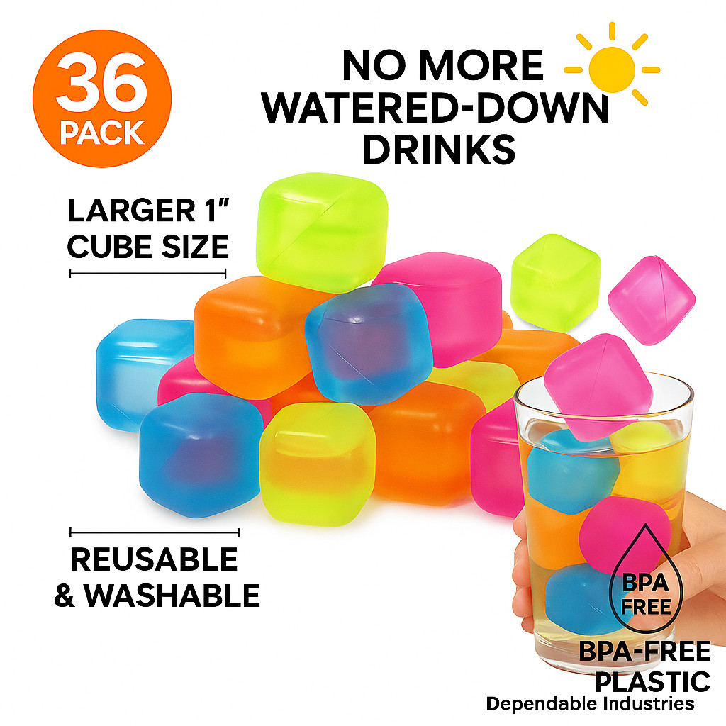 36-Pack Reusable Ice Cubes – 1" Square BPA-Free Multicolor Chilling Cubes