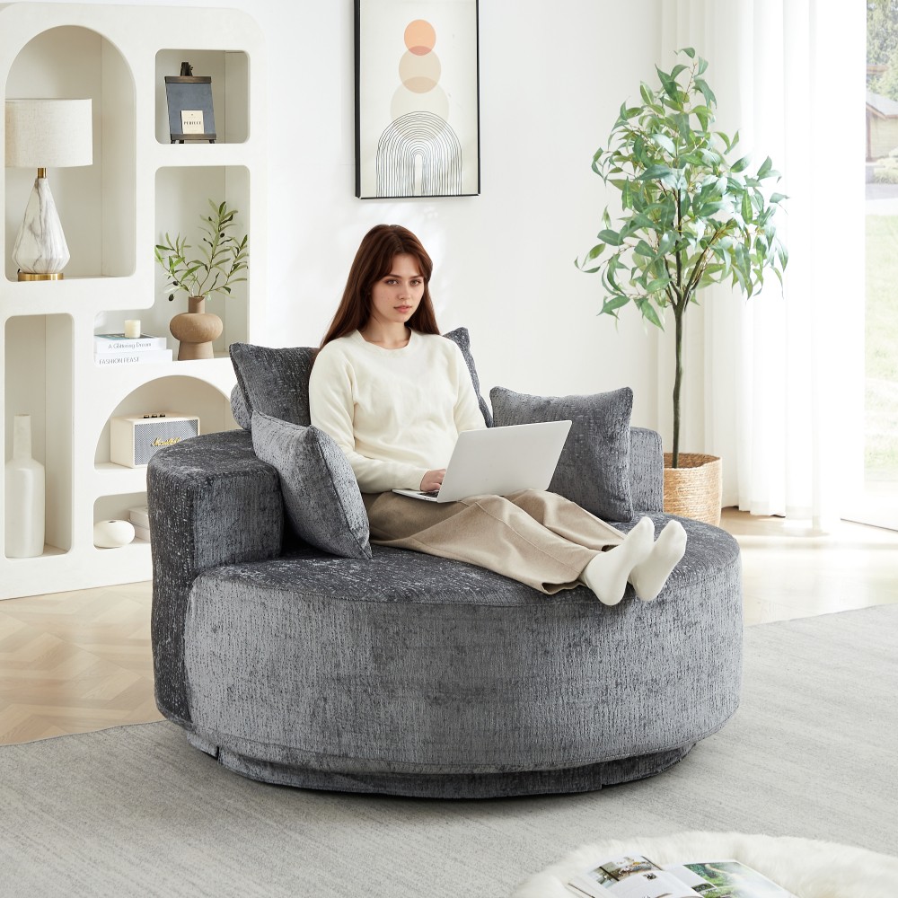 Chenille Foam Swivel Chair, 360° Rotating Modern Sleeper for Living Room, Grey