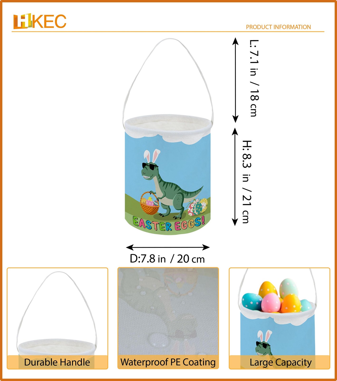 HKEC Dinosaur Easter Eggs Buckets,Gift Baskets with Handle,Cute Pattern Easte...